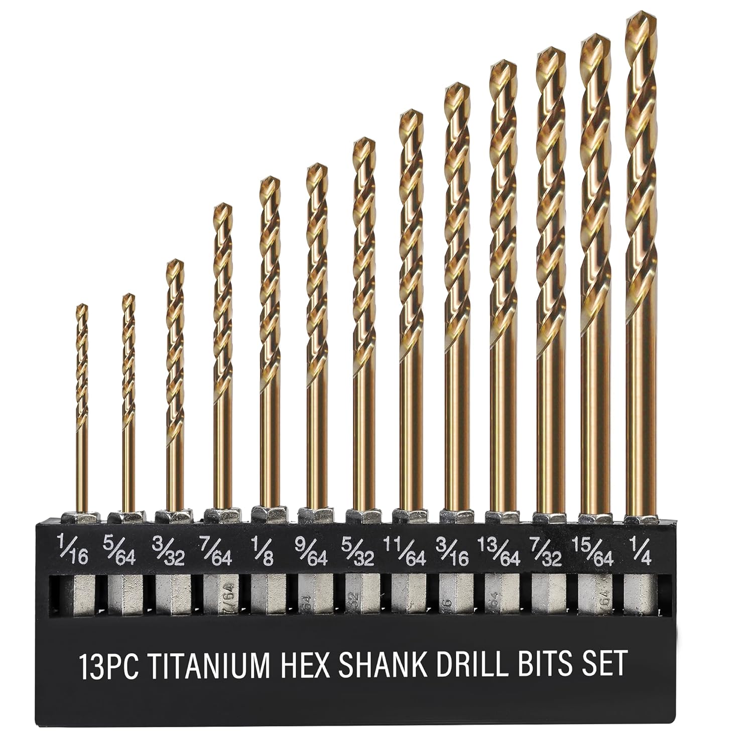 13 PCS Titanium Coated Hex Shank Drill Bit Set, HSS Twist Drill Bit Sets, Impact Driver Drill Bits for Wood, Steel, Metal, Plastic, Quick Change Design (1/16-1/4)