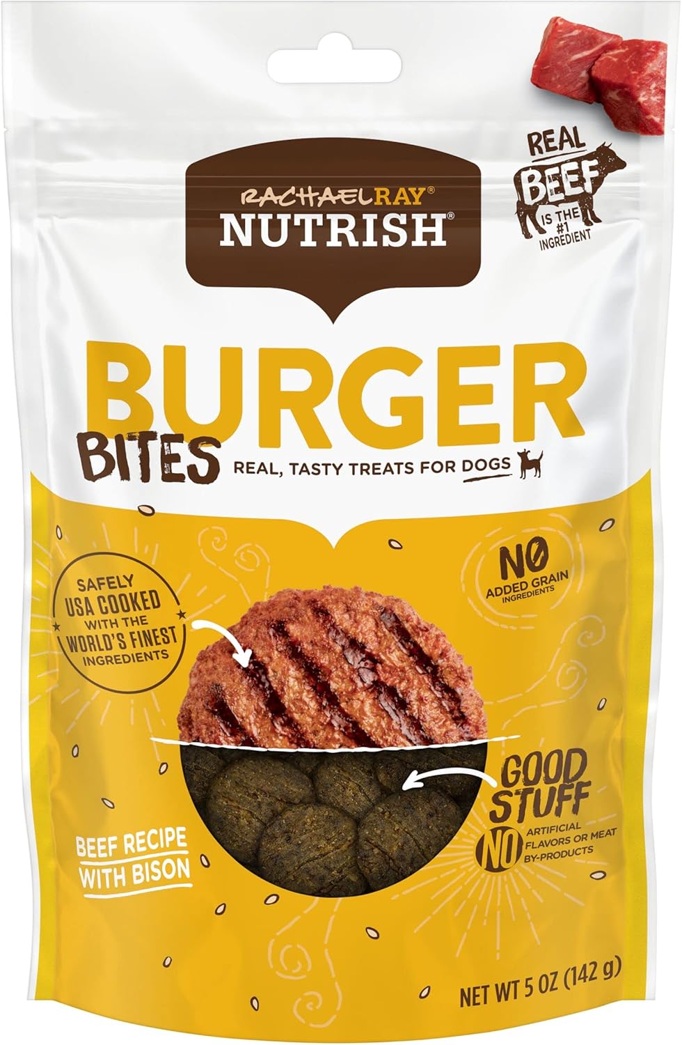 Nutrish Rachael Ray Burger Bites Real Meat Dog Treats, Beef Burger with Bison Recipe, 5 Ounces (Pack of 5), Grain Free