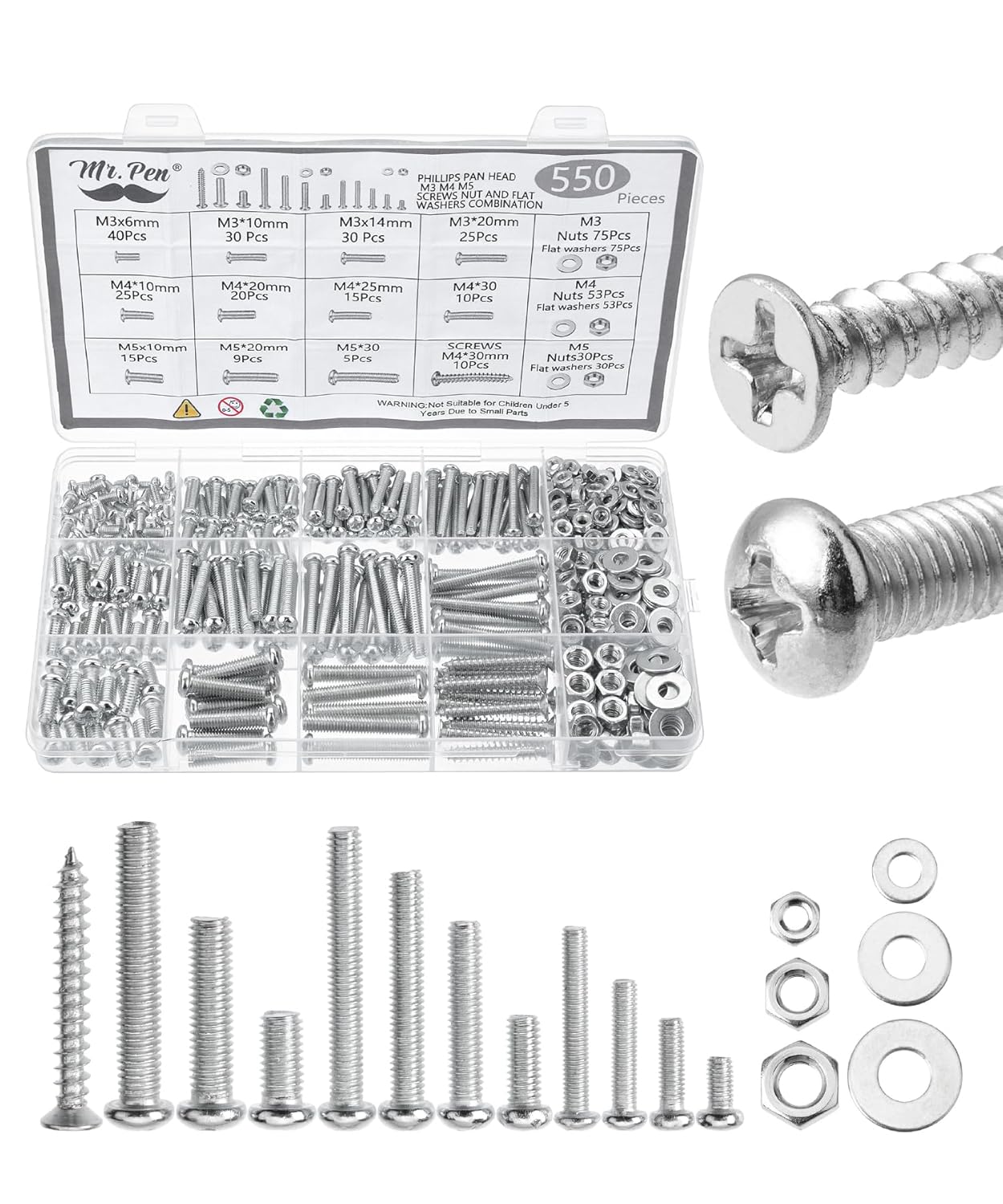 Mr. Pen- Nuts and Bolts Assortment Kit, 550 pcs, Carbon Steel M3 M4 M5 Phillips Pan Head Assorted Nuts and Bolts, Machine Screw Assortment Kit with Clear Storage Box