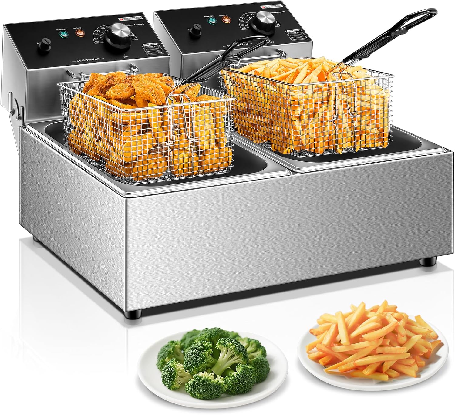 HOUSNAT Commercial Deep Fryer with Basket, 3400W 20.7QT/19.6L Electric Deep Fryer with 2 x 6.35 QT Removable Baskets, Stainless Steel Countertop Fryer for Restaurant or Home Use