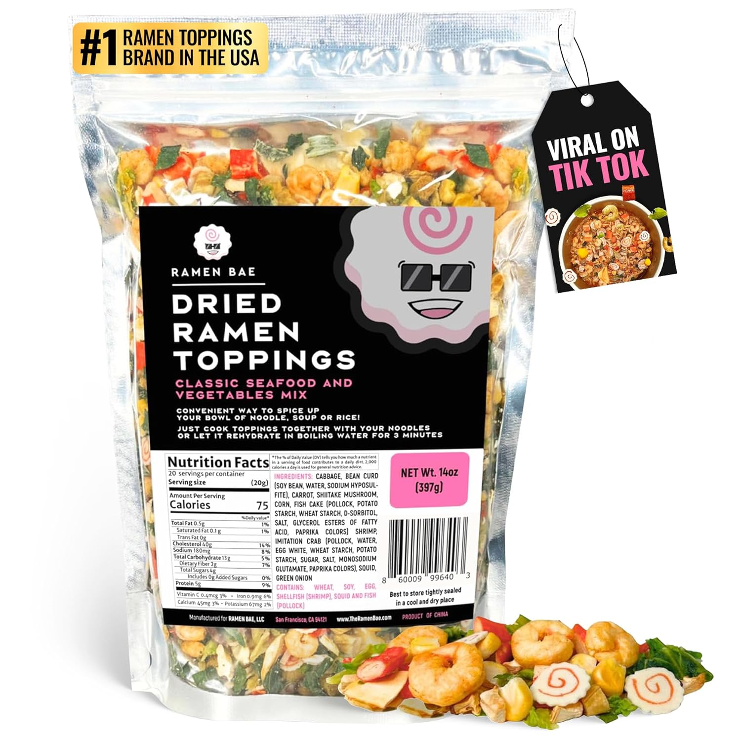 The Ramen Bae - Classic Seafood and Vegetables Mix, Dried Ramen Toppings - 14oz (14 oz., Classic Seafood and Veggie Mix)