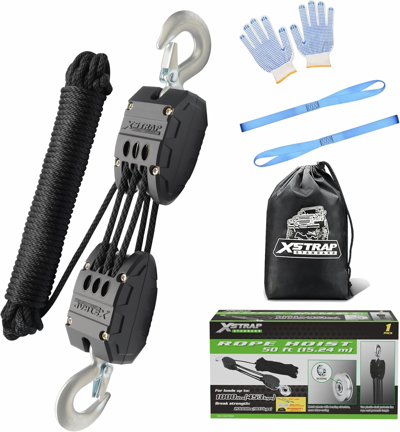 XSTRAP STANDARD Heavy-Duty 2,000LB Rope Hoist Pulley 50 Feet Wheel Block and Tackle System with 2PK 18 Inch Soft Loops for Animal Husbandry, Garage, Warehouse, Constructions, 50FT Black
