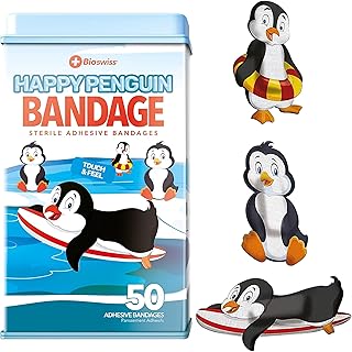 BioSwiss Bandages, Penguin Shaped Self Adhesive Bandage, Latex Free Sterile Wound Care, 50 Count