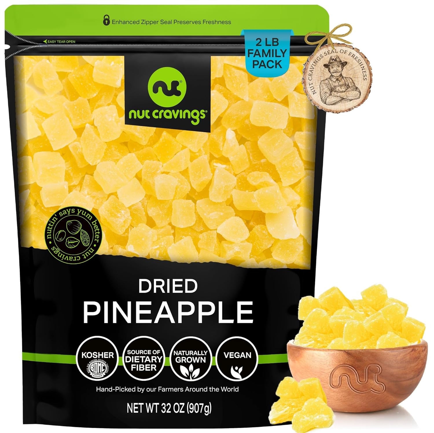 NUT CRAVINGS Dry Fruits - Sun Dried Pineapple Chunks, with Sugar Added (32oz - 2 LB) Packed Fresh in Resealable Bag - Sweet Snack, Healthy Food, Naturally Grown, Vegan, Kosher Certified