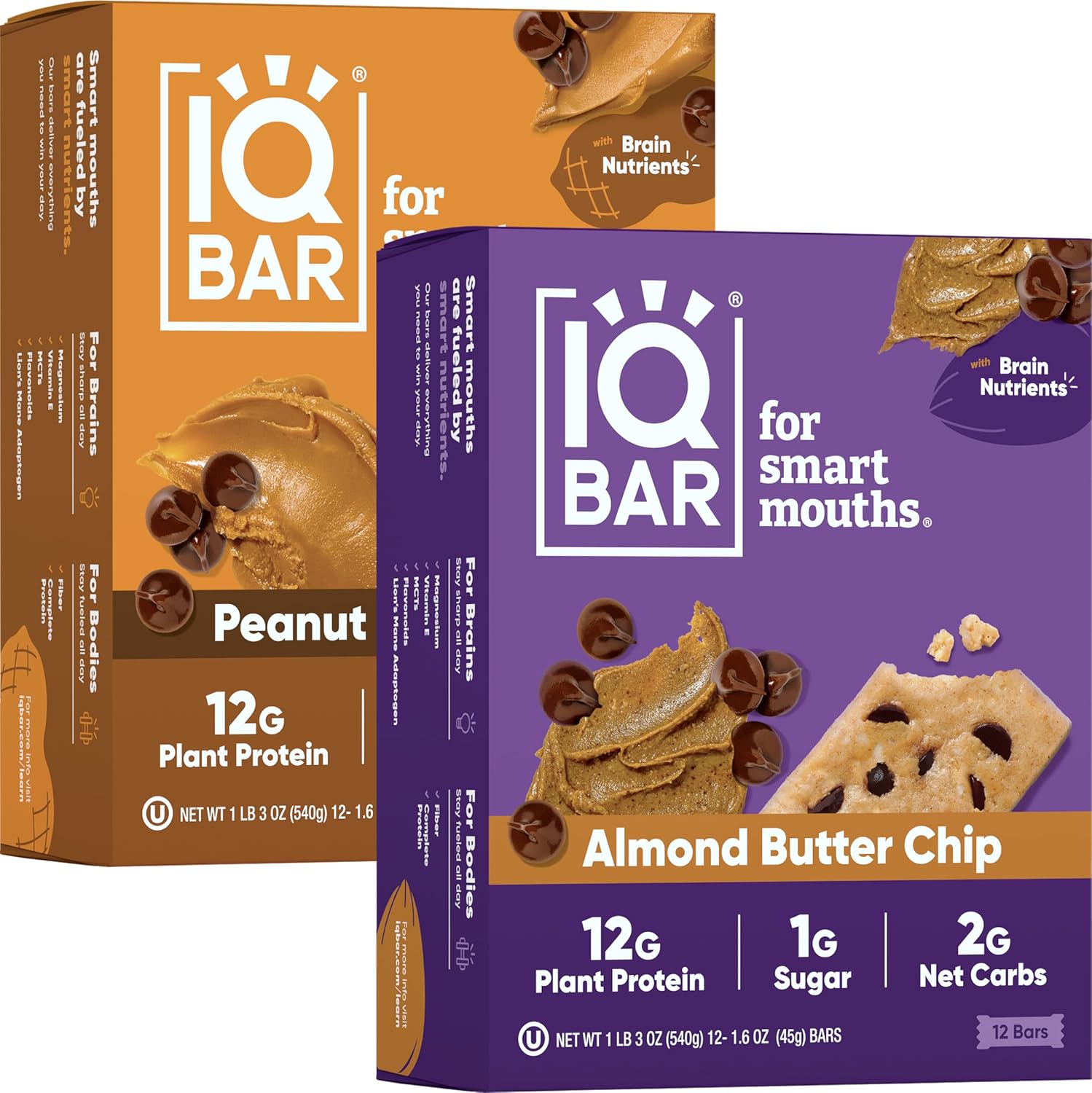 IQBAR Brain and Body Keto Protein Bars - Peanut Butter Chip and Almond Butter Chip - 12 Count Energy Bars - Low Carb Protein Bars - High Fiber Vegan Bars Low Sugar Meal Replacement Bars
