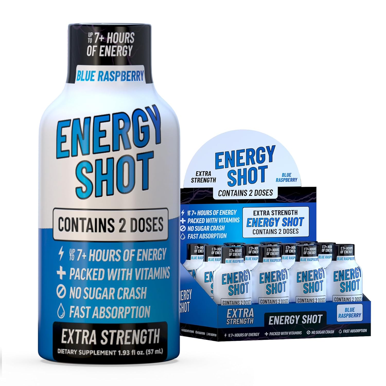 Blue Raspberry Extra Strength Energy Shot 12 pk – 260mg Natural Caffeine B12 B6 – Energy & Focus Support – 2 Servings Sugar Free Zero Calorie Green Tea B-Vitamins Electrolytes Vegan – 1.93 fl oz