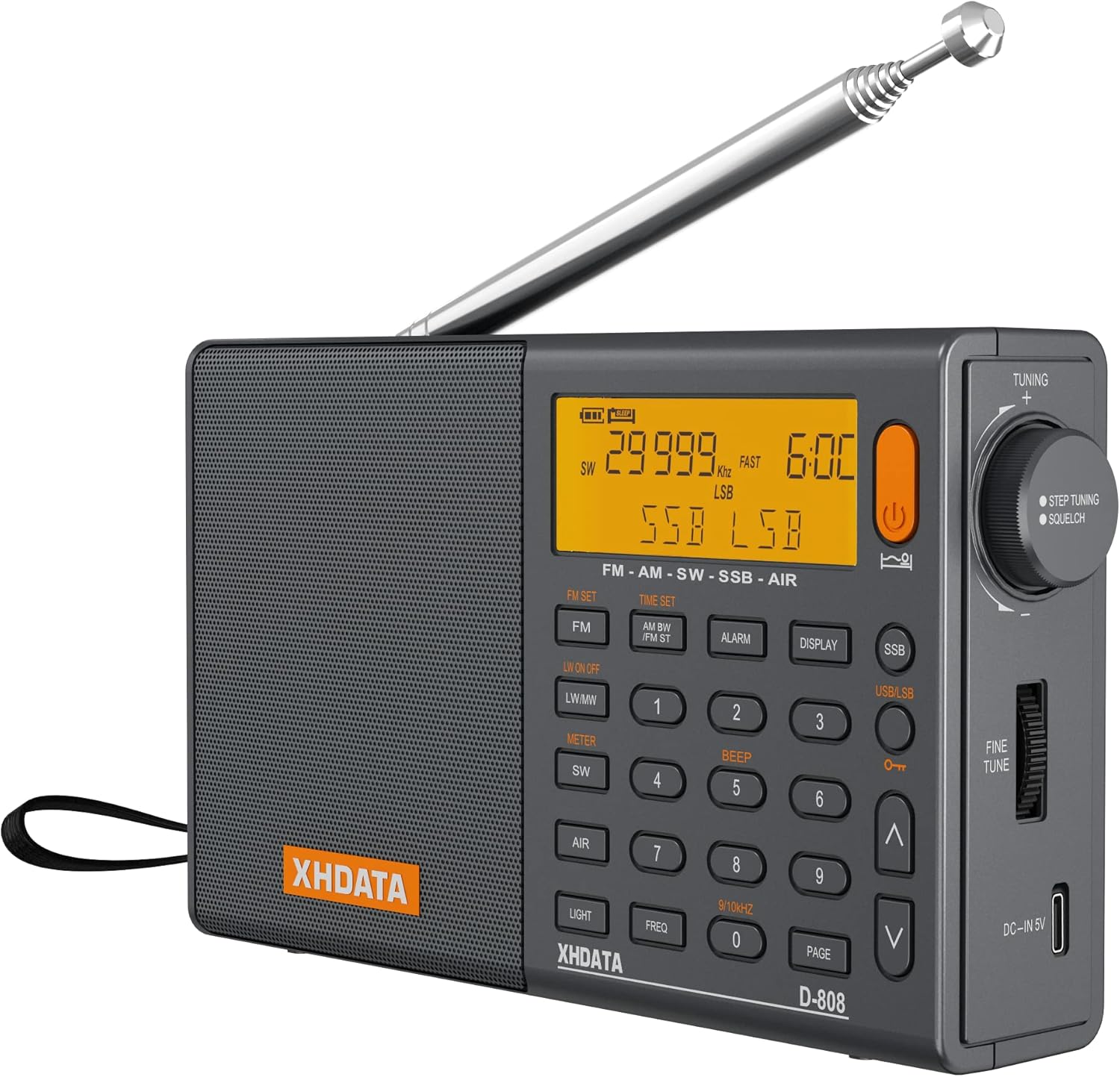 XHDATA D-808 Professional Portable Radio | FM Stereo/SW/MW/LW/Air Band Coverage with SSB RDS | High Sensitivity, External Antenna 2000mAh Rechargeable Battery | Dual Alarm Clock, Sleep Timer & Squelch