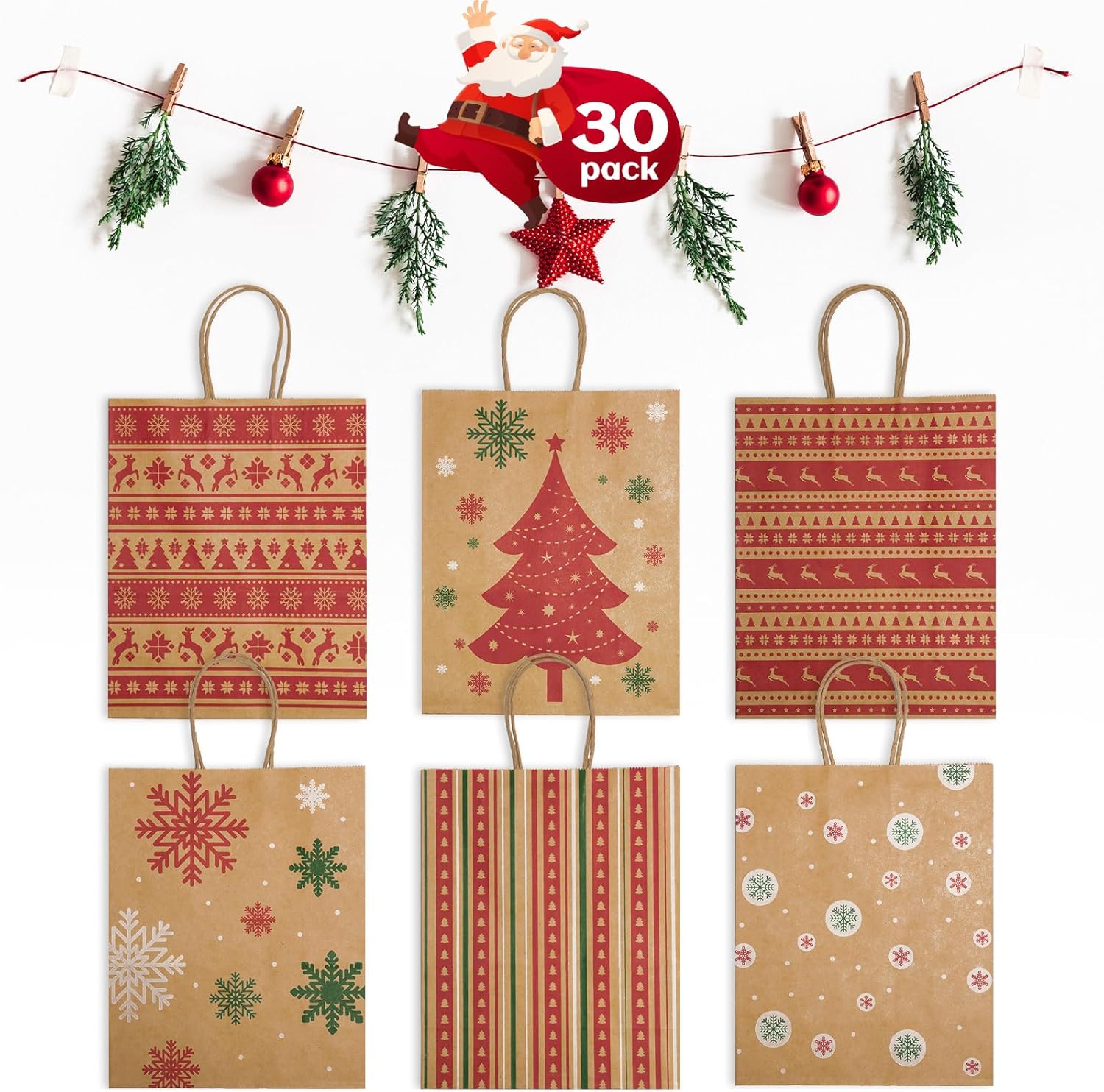 GSSUSA 30 Pack Christmas Gift Bags 7x8.6x3.3'' Paper Bags with Handles Bulk, Assorted Designs Christmas Craft Bags,Sturdy Xmas Party Favors Bags, Holiday, Goodie, Treat Bags, Retail Shopping bags