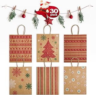 GSSUSA 30 Pack Christmas Gift Bags 7x8.6x3.3'' Paper Bags with Handles Bulk, Assorted Designs Christmas Craft Bags,Sturdy Xmas Party Favors Bags, Holiday, Goodie, Treat Bags, Retail Shopping bags