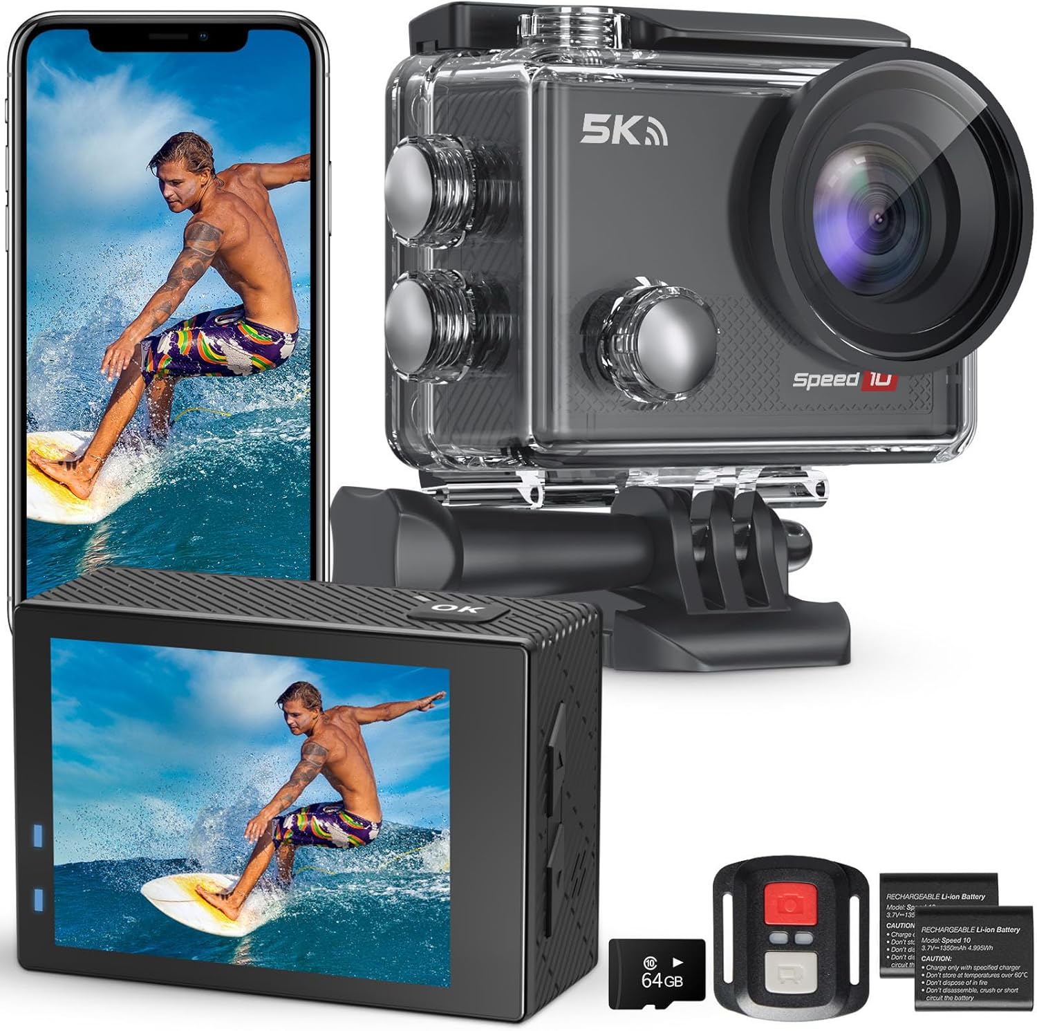 Action Camera 5K 30FPS Waterproof Camera Underwater 131FT with EIS WiFi App Remote Control 64GB Card 2x1350 mAh Batteries 170° Wide Angle Sports Helmet Bike Video
