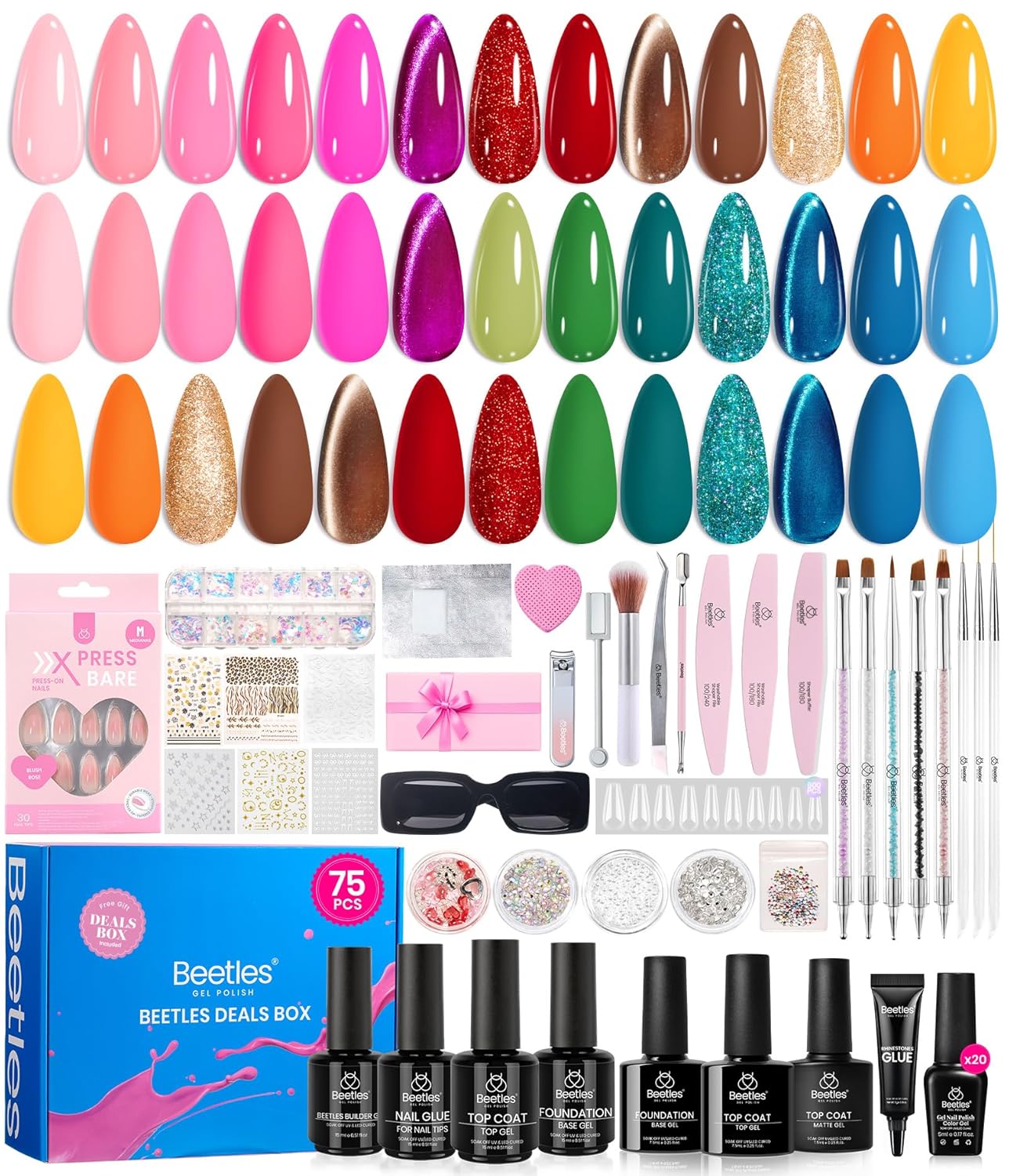 beetles Gel Polish 75 PCS Deal Box 20 Colors Nail Kit – Brown Blue Red Purple Glitter Cat Eye Gel, Glossy&Matte Top Coat DIY UV/LED Gel Nail Set Home Salon Valentines Gifts for Women Girls