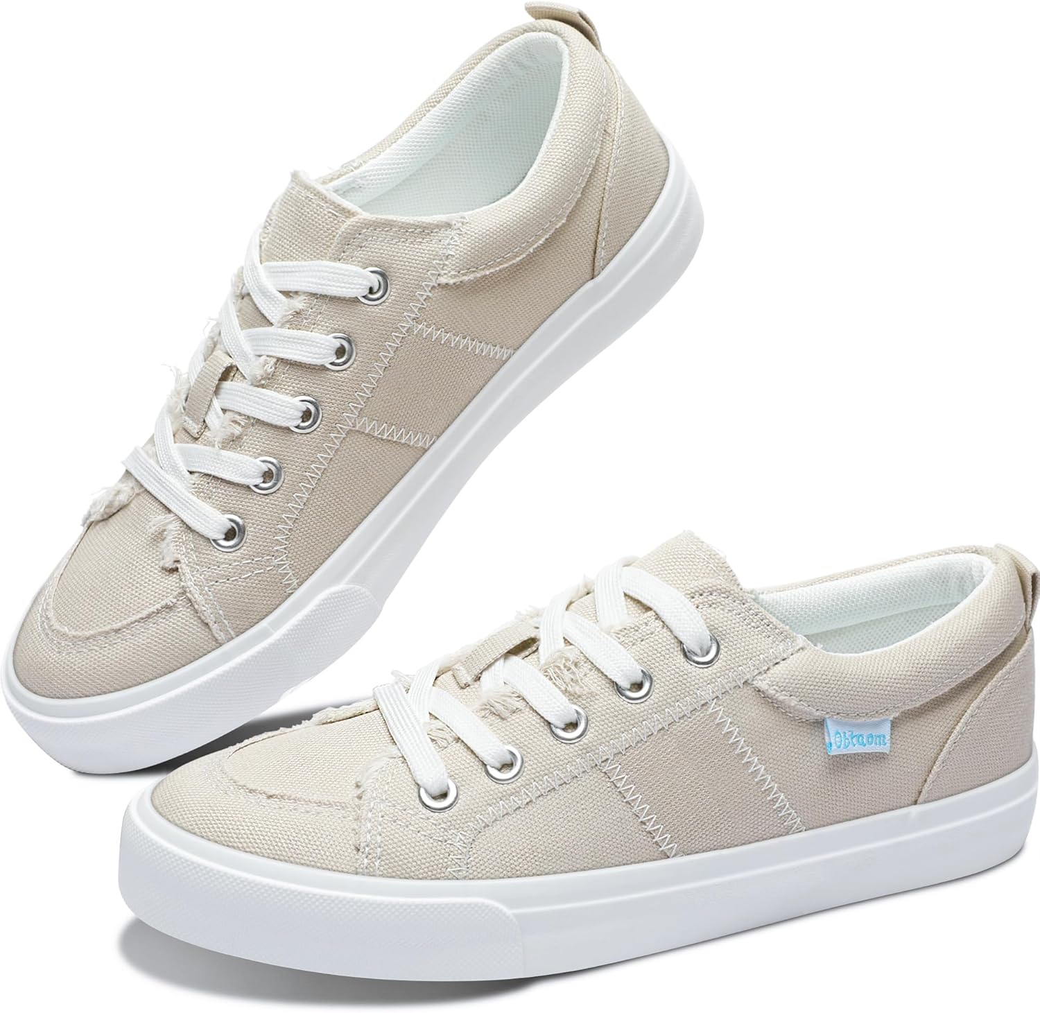 Obtaom Women's White Play Fashion Sneakers Cute Lace up Canvas Shoes Low Top Washed Canvas Flat for Lady