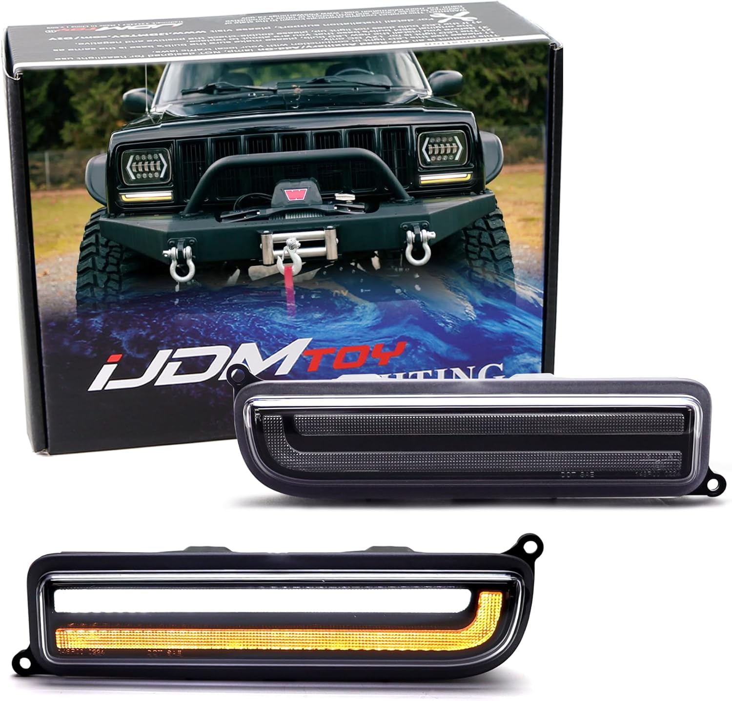 iJDMTOY Black-Out Interior Clear Lens White LED Driving Light/Amber Sequential Blink LED Front Turn Signal Light Assembly, Compatible With Jeep 1997-2001 Cherokee XJ