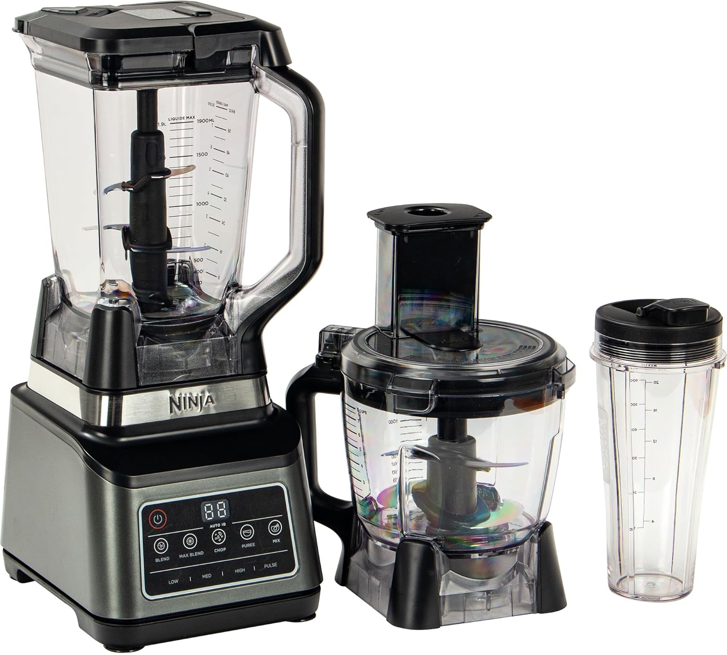 Ninja 3-in-1 Food Processor and Blender with 5 Programs: Mixer, Mixer Max, Chop, Mix, Puree, Bowl 1.8L, Jug 2.1L, Cup 700ml, 1200W, Dishwasher Safe, Auto-iQ, Black BN800EU