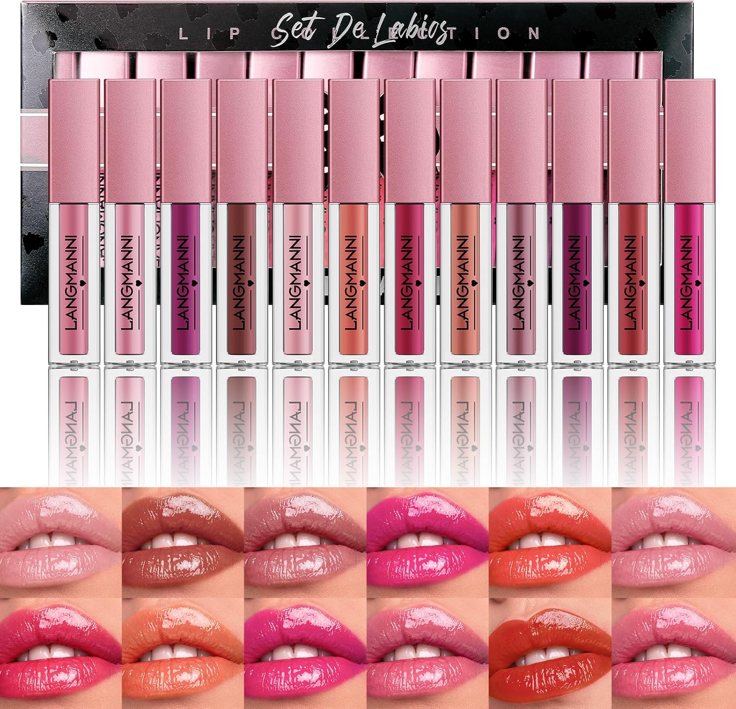 LANGMANNI 12Pcs Lip gloss Collection Makeup Set,Shiny Smooth Soft Liquid Lip Glosses Lip Stain With Rich Varied Colors For Girls And Women Makeup(Color-A)