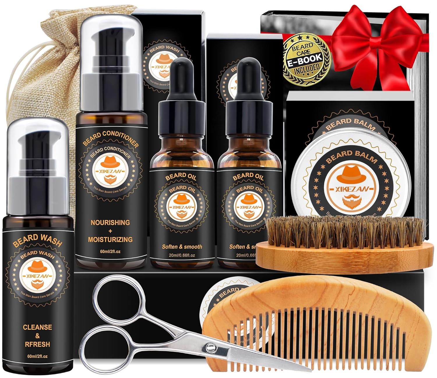 XIKEZAN Beard Kit for Mens Shaving & Grooming Sets with 2 Pack Beard Oils, Wash, Conditioner, Balm, Brush, Comb & Scissors, Birthday Gifts for Men Him,Valentines Christmas Gifts Mens Stocking Stuffers