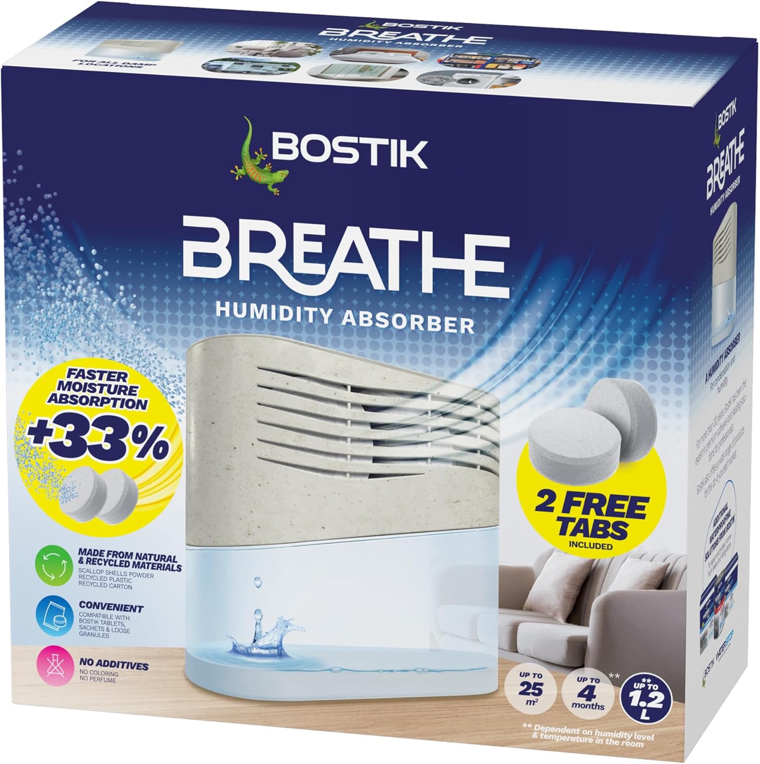 Bostik Breathe Dehumidifier - Humidity and Moisture Absorber - for Use Around the Home and in Caravans and Motorhomes - Covers up to 25m²