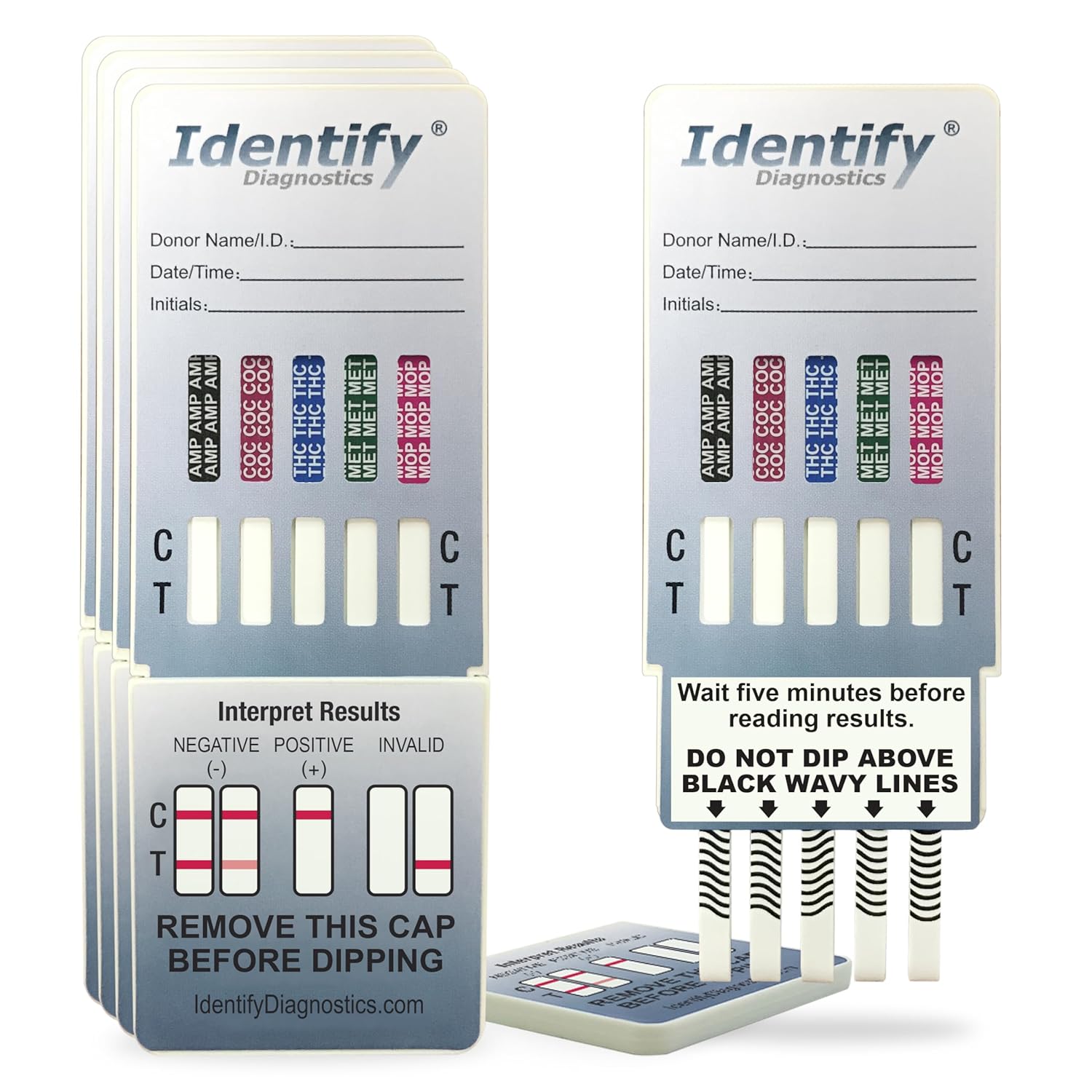 Identify Diagnostics Drug Test Cards | 5 Pack | 5 Panel Dip CLIA Waived Instant Urine Drug Test Kit for AMP,COC,MET,MOP|OPI,THC