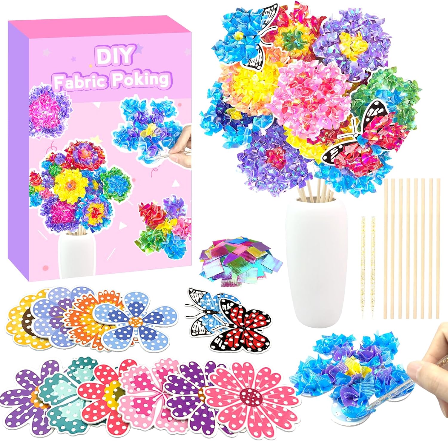 Poke in Fun Art Flower Bouquet Craft Kits for Kids,with 10 Flowers & 2 Butterflies,Arts and Crafts,Mess-Free Craft,DIY Art Activity Birthday Christmas Gifts Ideas for Girls & Boys Ages 4 5 6 7 8+