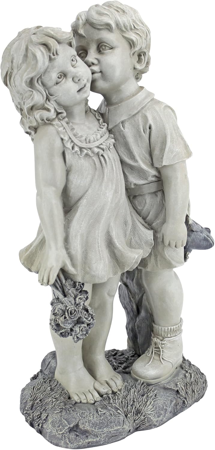 Design Toscano Young Sweethearts Kissing Children Outdoor Garden Statue, Polyresin, Two Tone Stone, 56 cm, 22 Inch