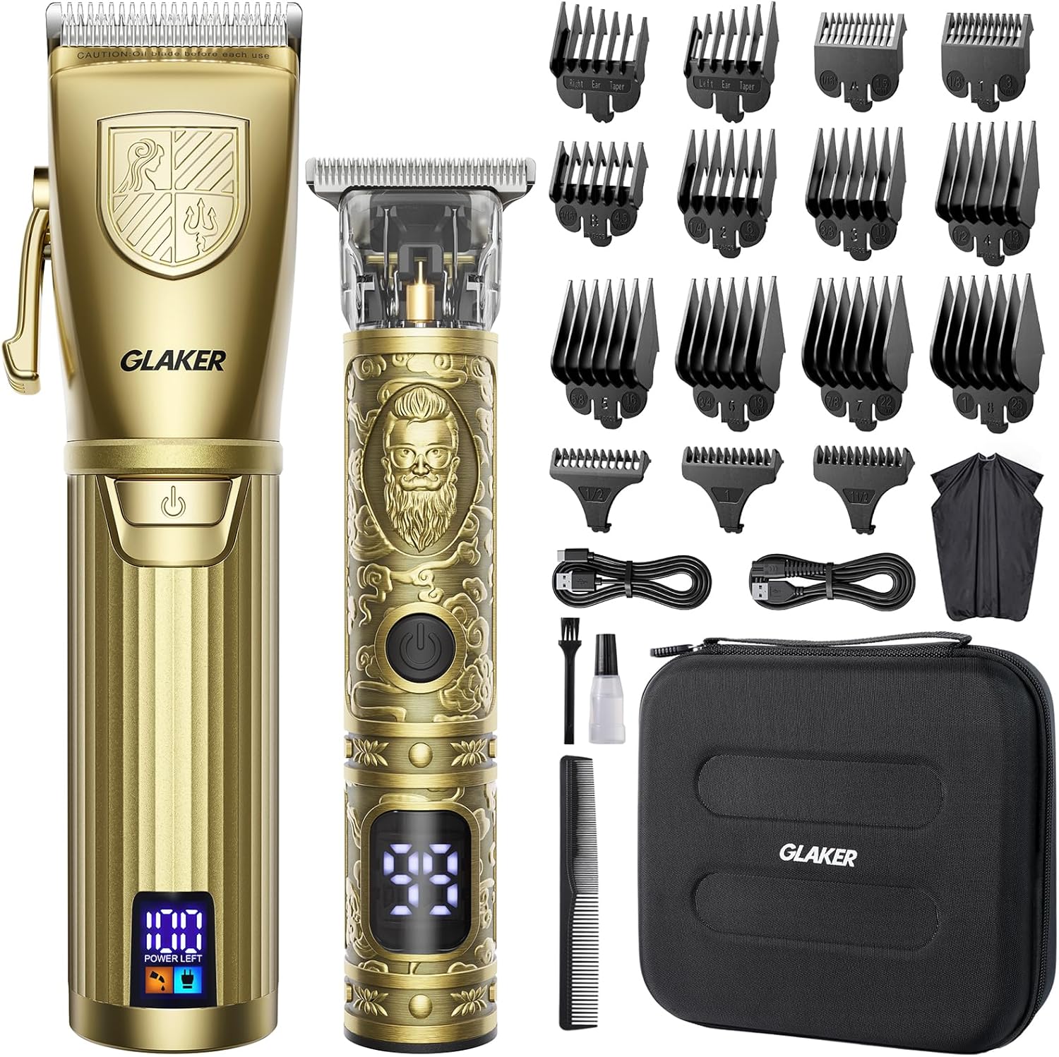 GLAKER Hair Clippers for Men,Professional Mens Hair Clippers Cordless Clippers for Hair Cutting,Precision Trimmer Kit Zero Gap Trimmer with LED Display 15 Guide Combs (Gold)