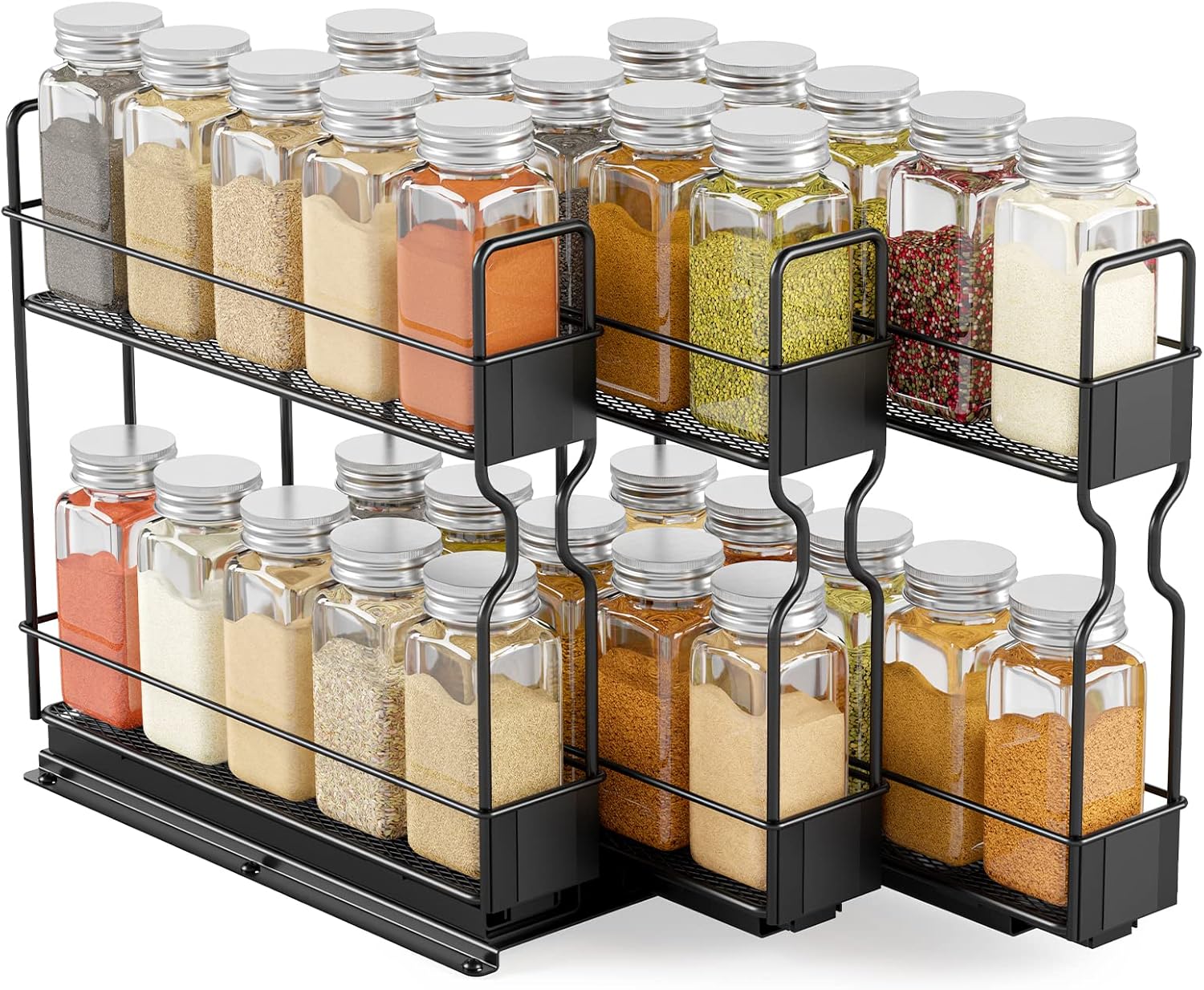 SpaceAid Black Heavy Duty Pull Out Spice Rack Organizer with 30 Jars, Slide Out Seasoning Kitchen Organizer, 7.7" W x10.75" D x10" H, 3 Drawers 2-Tier