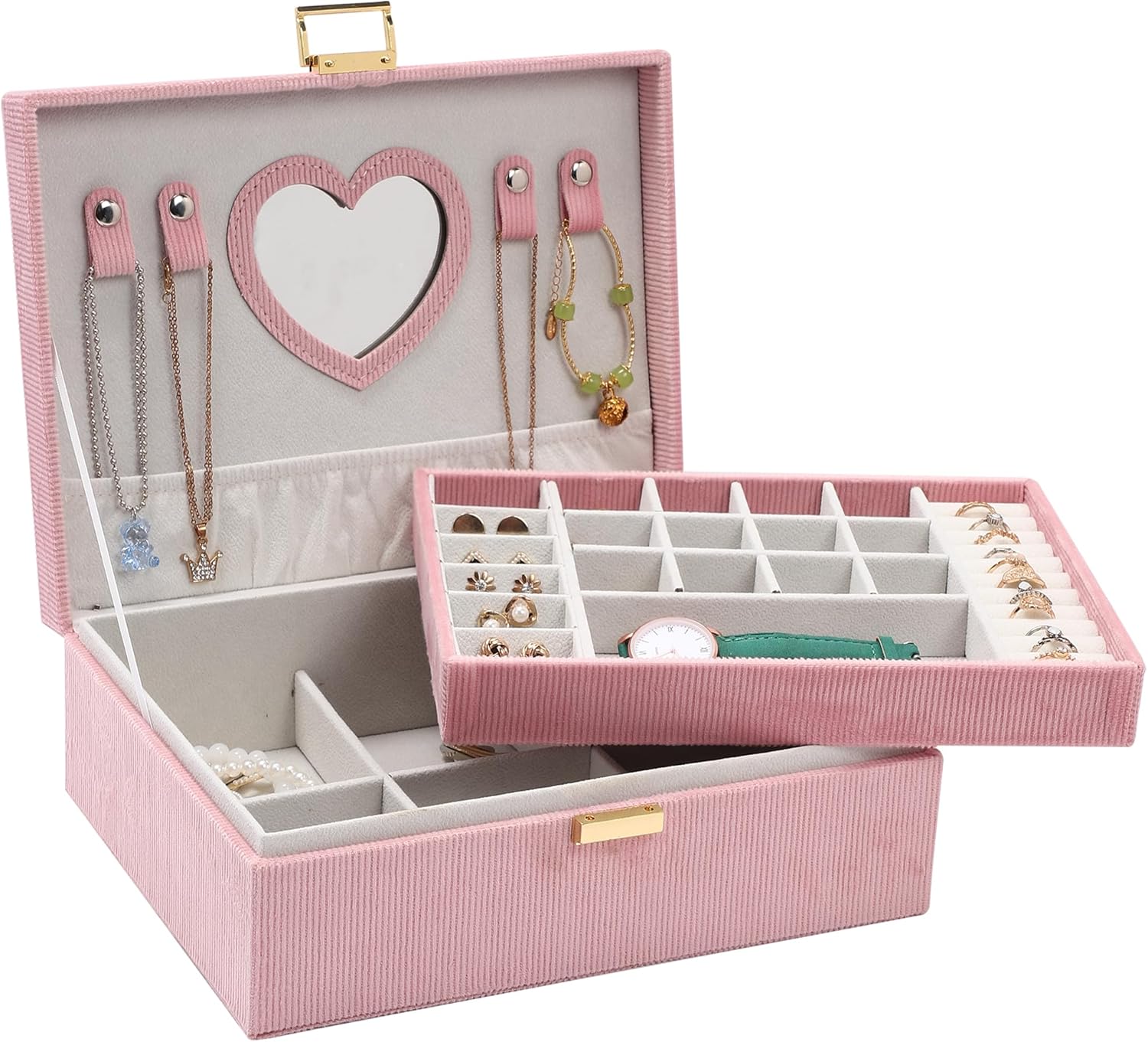 Dajasan Jewellery Box Organiser for Necklace Earrings Bracelets Rings,2-Layer Large Velvet Jewelry Boxes with Stackable,Jewellery Boxes Holder for Women Girls(Pink)