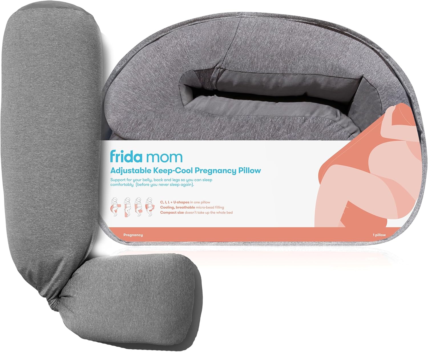 Frida Mom Adjustable Keep-Cool Pregnancy Pillow, U,C,L, and I Shaped Full Body Maternity Pillow for Comfortable Sleep, Support for Belly, Hips + Legs, Cooling for Pregnant Women, Grey