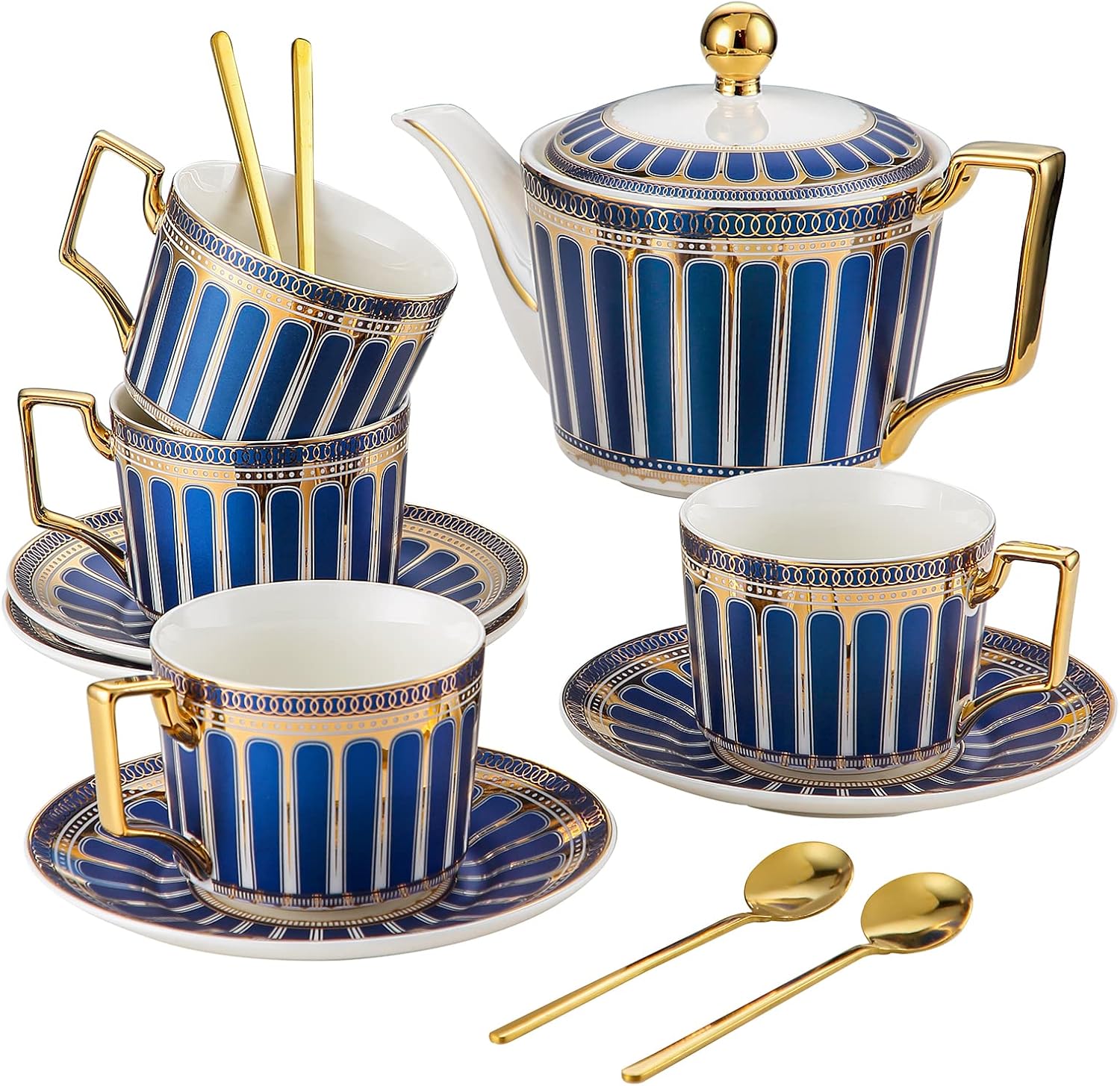 CwlwGO-7 Oz Bone China Blue Tea Cup and Saucer Service for 4,Afternoon Porcelain Tea Set with Teapot,Tea Sets For Women Tea Party.