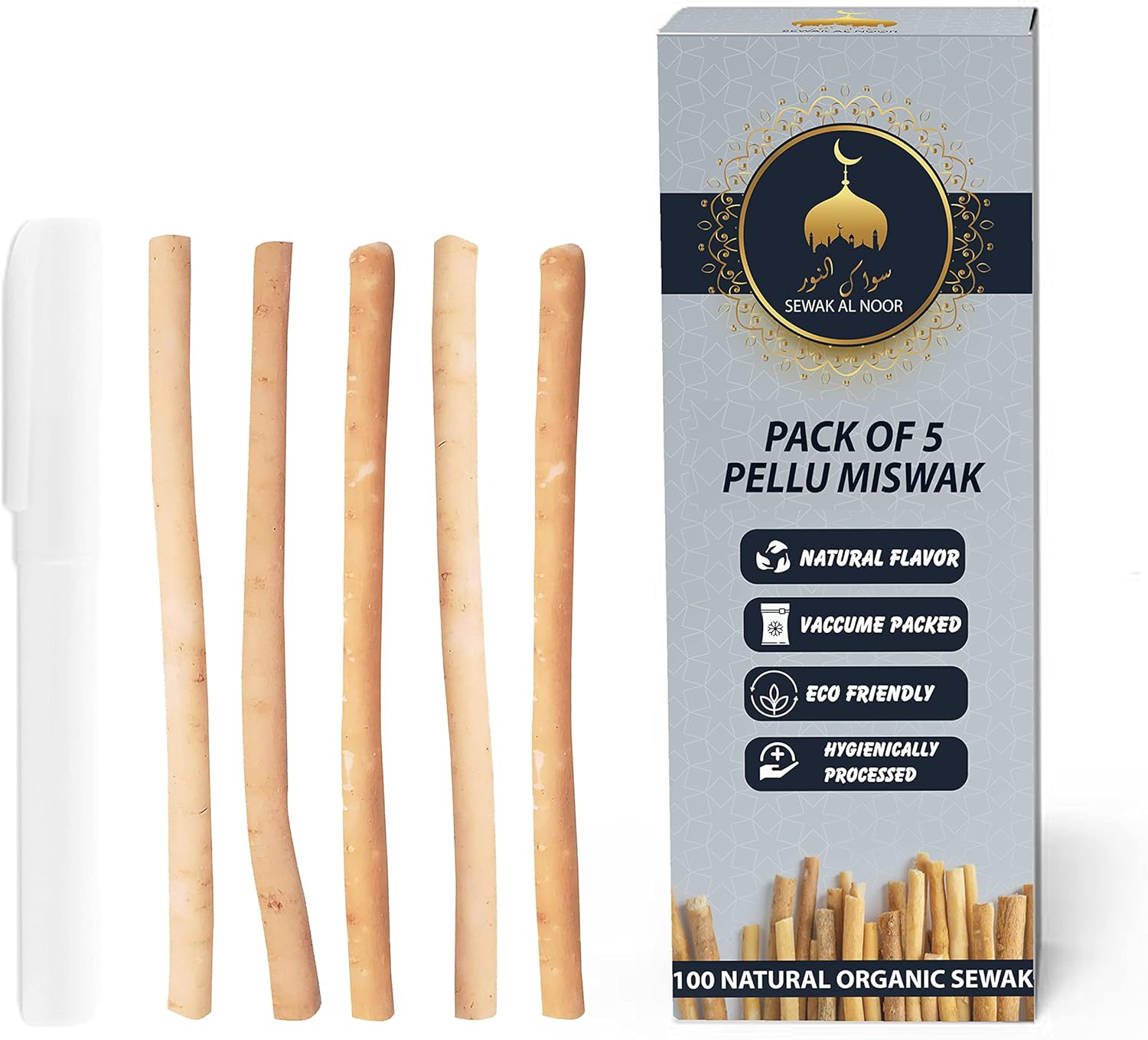Pack of 5 Miswak Sticks for Teeth with Holder - Vacuum Sealed Natural Flavored Chew Sticks for Humans - Natural Toothbrush for Teeth Whitening, Oral Health & Fresh Breath || Pack of 5