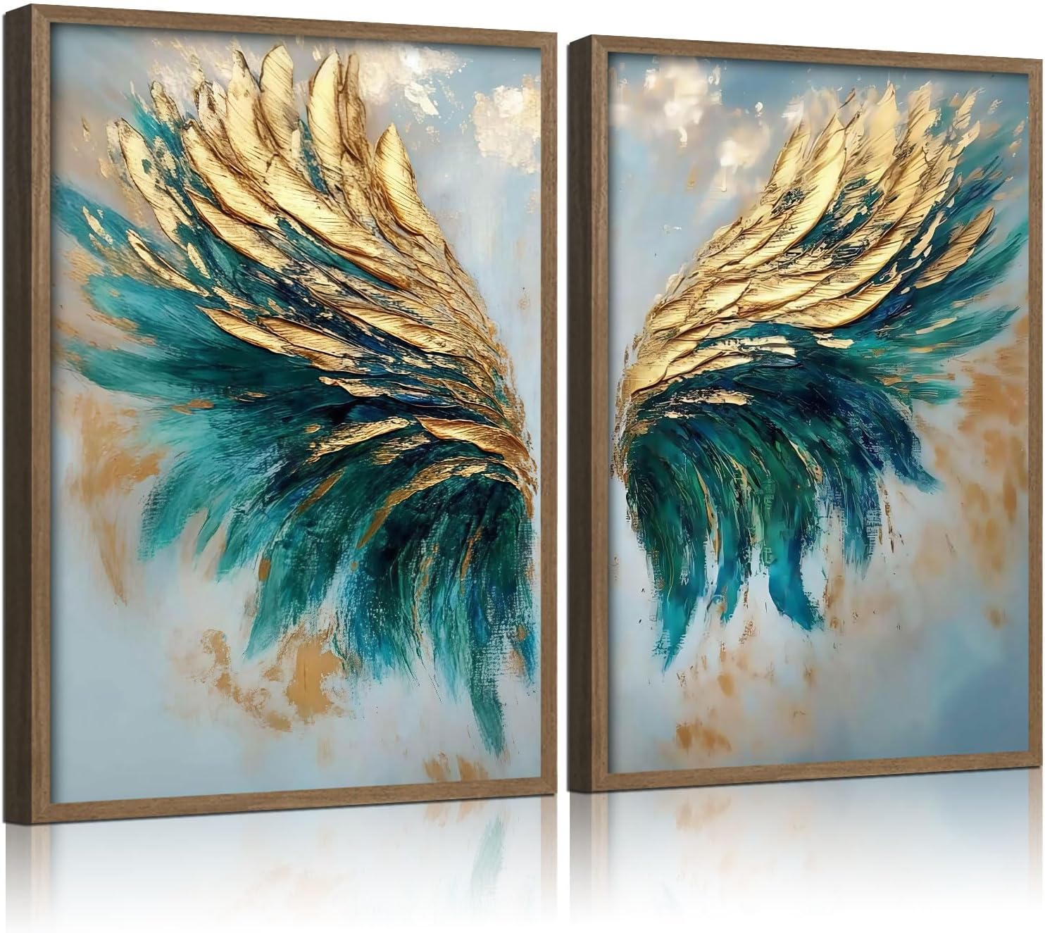 2pcs Wood Framed Green Abstract Canvas Wall Art - Abstract Angel Wings Artwork - Modern Gold Blue Wings Prints Posters - Living Room Bedroom Decorative Paintings Gallery Style Wall Hanging Pictures
