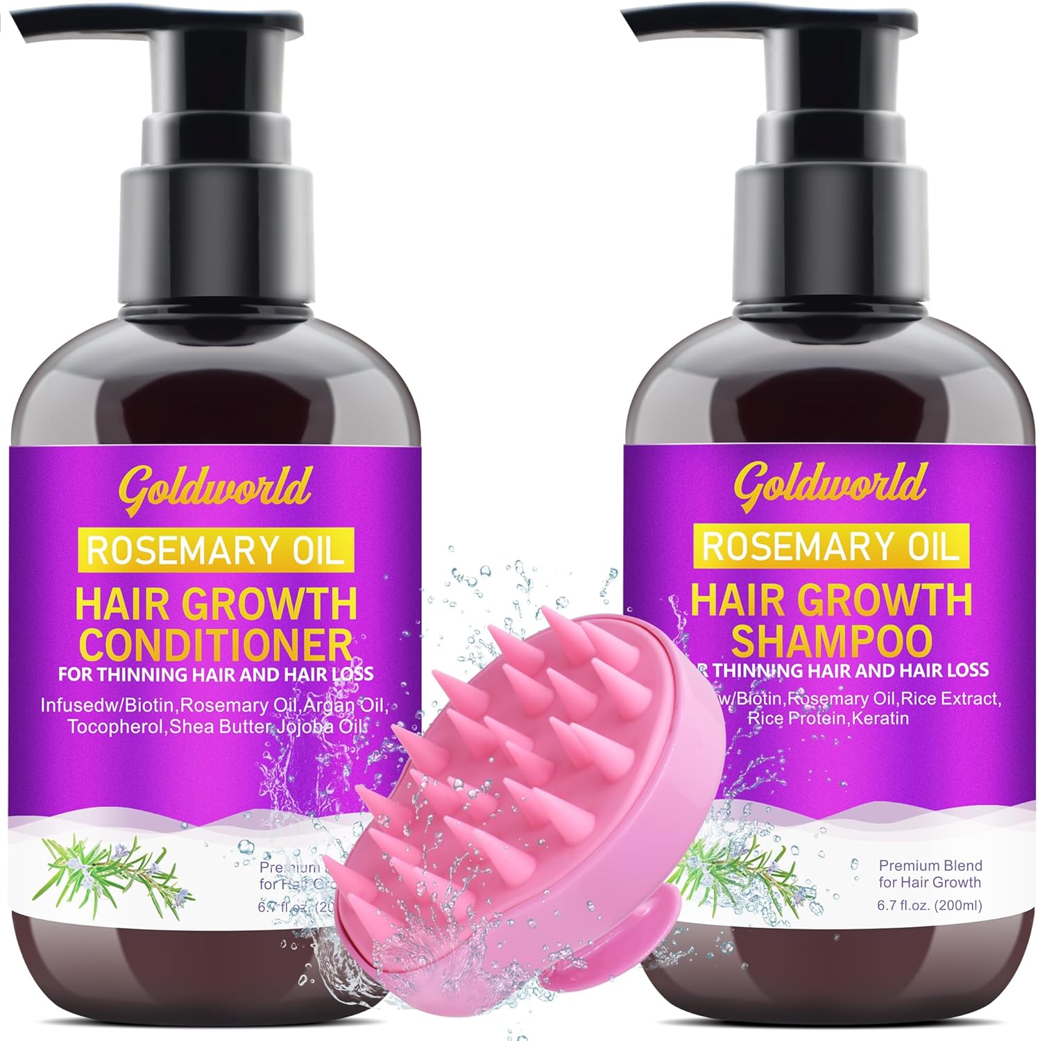 Sulphate Free Rosemary Oil Biotin Shampoo w/Scalp Massager & Argan Castor Oil Keratin Rice Water Conditioner Sets for Women's Hair Growth & Thickening - 2 in 1 Set