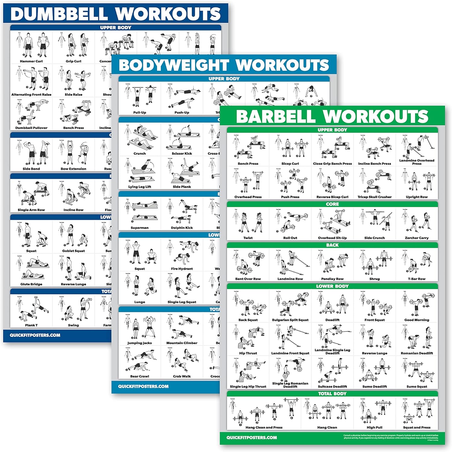 QUICKFIT 3 Pack - Dumbbell Workouts + Bodyweight Exercises + Barbell Routine Poster Set - Set of 3 Workout Charts