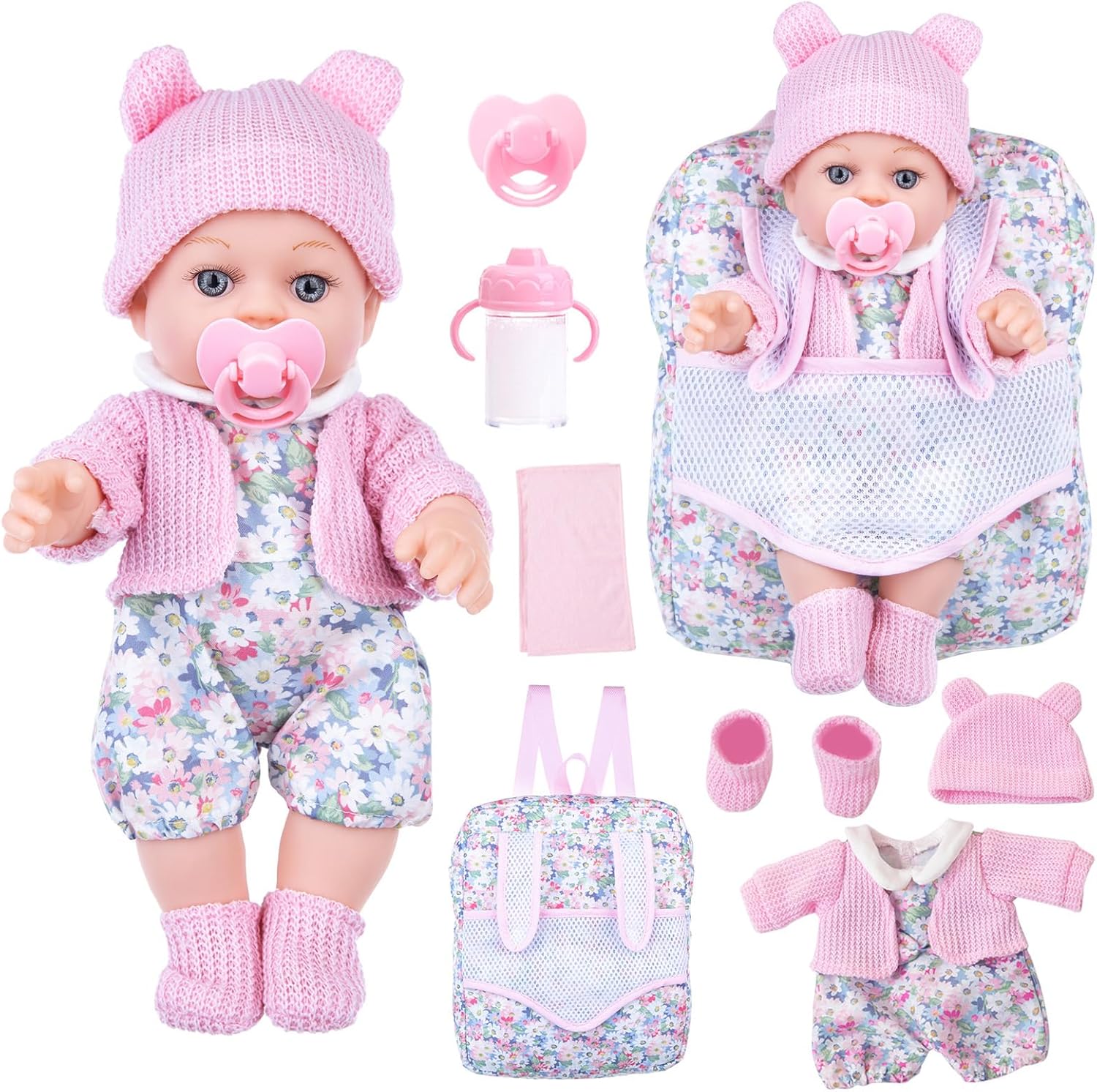 12 Inch Baby Doll Backpack Playset with Dolls Clothes and Accessories Included Backpack, Washcloth, Bottles, Nipple,Socks, Hats