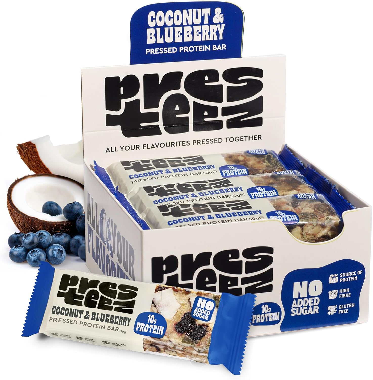Presteez Coconut & Blueberry Protein Enhanced Energy Bars - High Fibre Gut Friendly Healthy Snacks, 10g Protein, 7g Fibre, No Added Sugar, Gluten Free Snacks, 50g, 12 Pack
