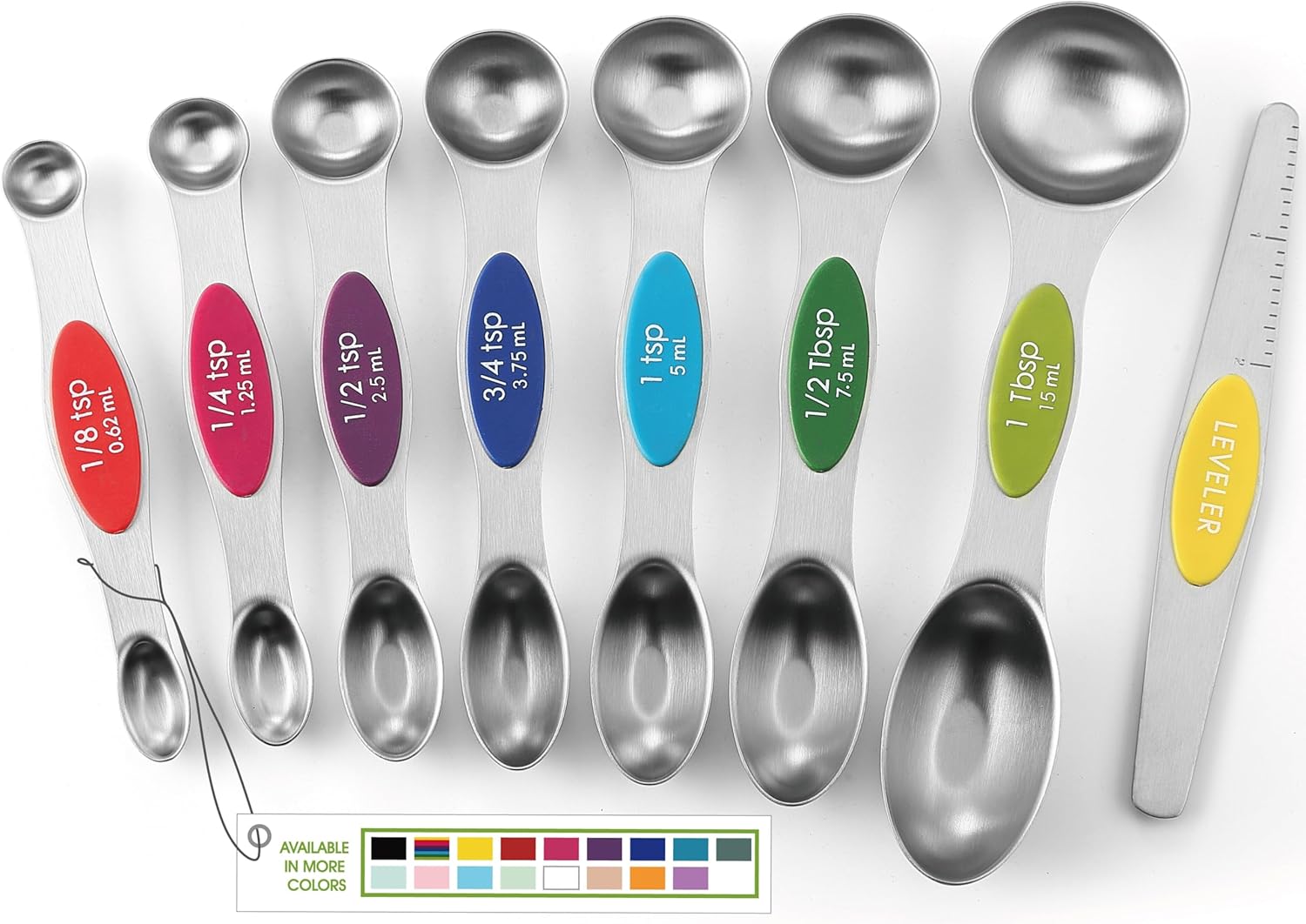 Spring Chef Stainless Steel Magnetic Measuring Spoons Set with Strong Magnets, Heavy Duty Metal Kitchen Gadgets for Baking & Cooking, Fits in Most Kitchen Spice Jars, Multicolor, Set of 8 with Leveler