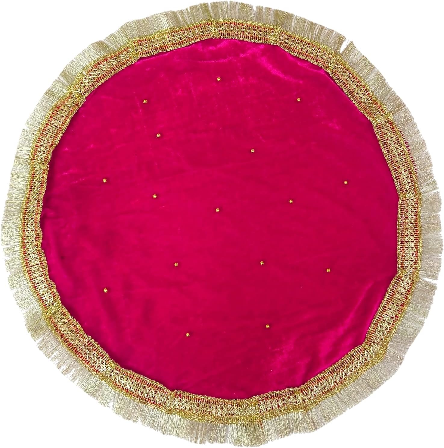 Navti Creations Round Velvet THAALPOSH/Puja aasan for God Mandir/Prasad Thali Cover with moti Work for Diwali, Navratri, karwa chauth and Various Puja Rituals (Pack of 1) 18 inches (Raani)