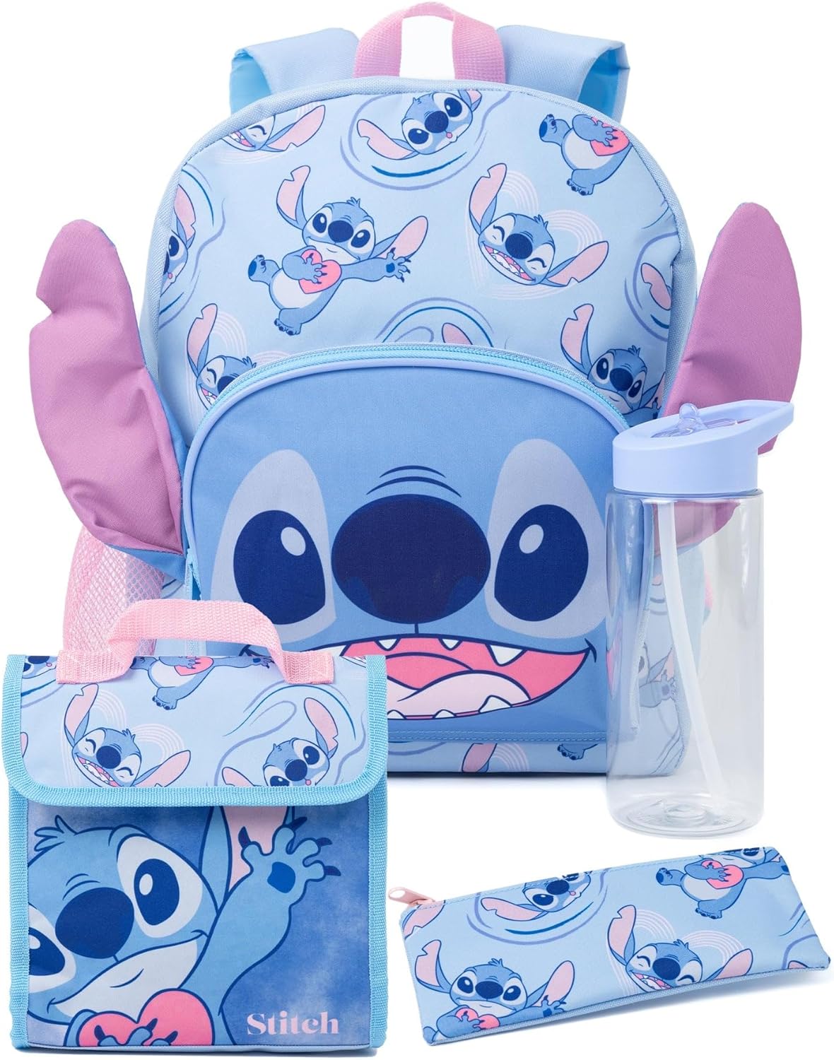 Disney Lilo and Stitch Girls Backpack | Kids Alien Character Merchandise 3D Ears School Rucksack Pencil Case and Water Bottle | Back to School Bag Gifts