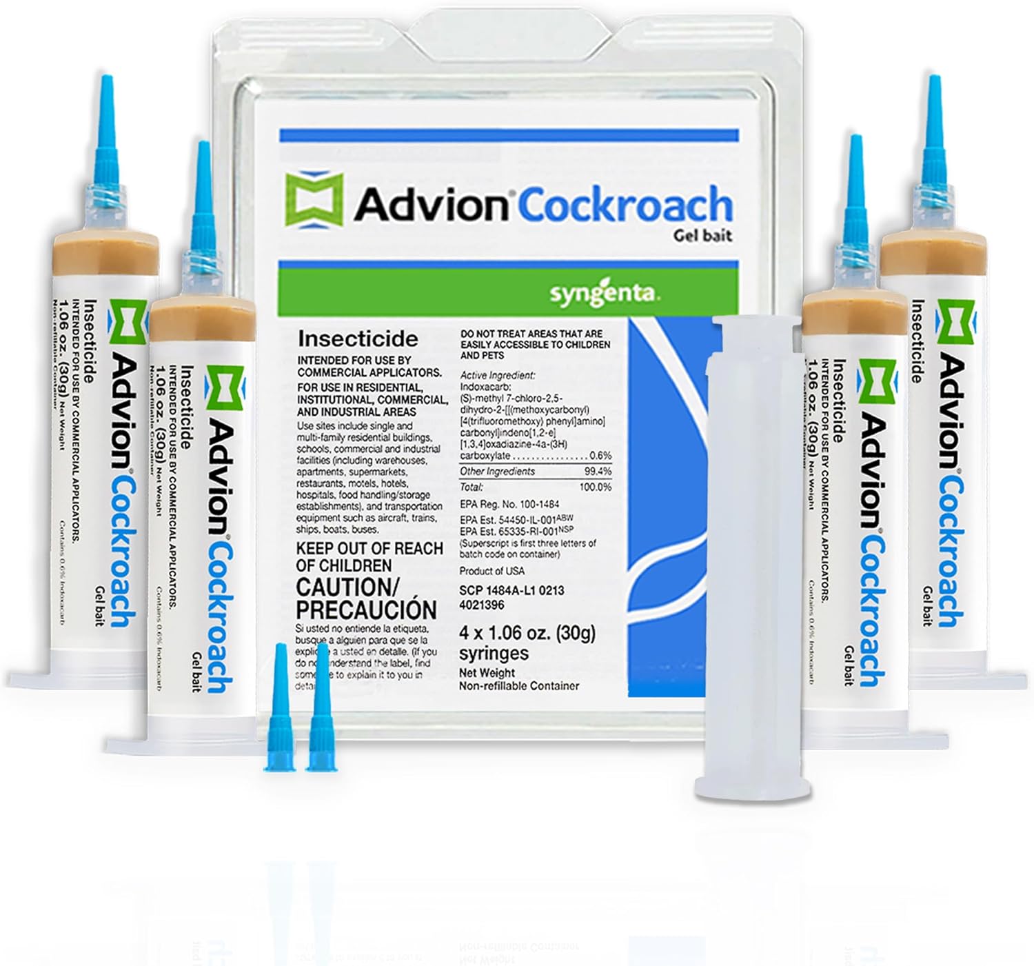 Advion Cockroach Gel Bait, 4 Tubes x 30-Grams, 1 Plunger and 2 Tips, German Roach Insect Pest Control, Indoor and Outdoor Use, Roach Killer Gel for American, German and Other Major Cockroach Species