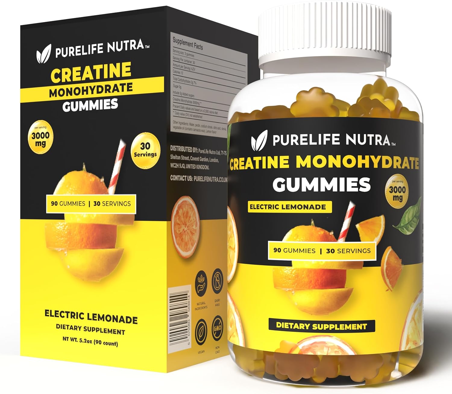 Creatine Monohydrate Gummies - 3g serving, Sugar free, 90 Count, Electric Lemonade flavored Creatine Gummies for Men & Women, Gluten Free, Non Bloating - Vegan, Halal, Kosher. (90 Units, Lemonade)