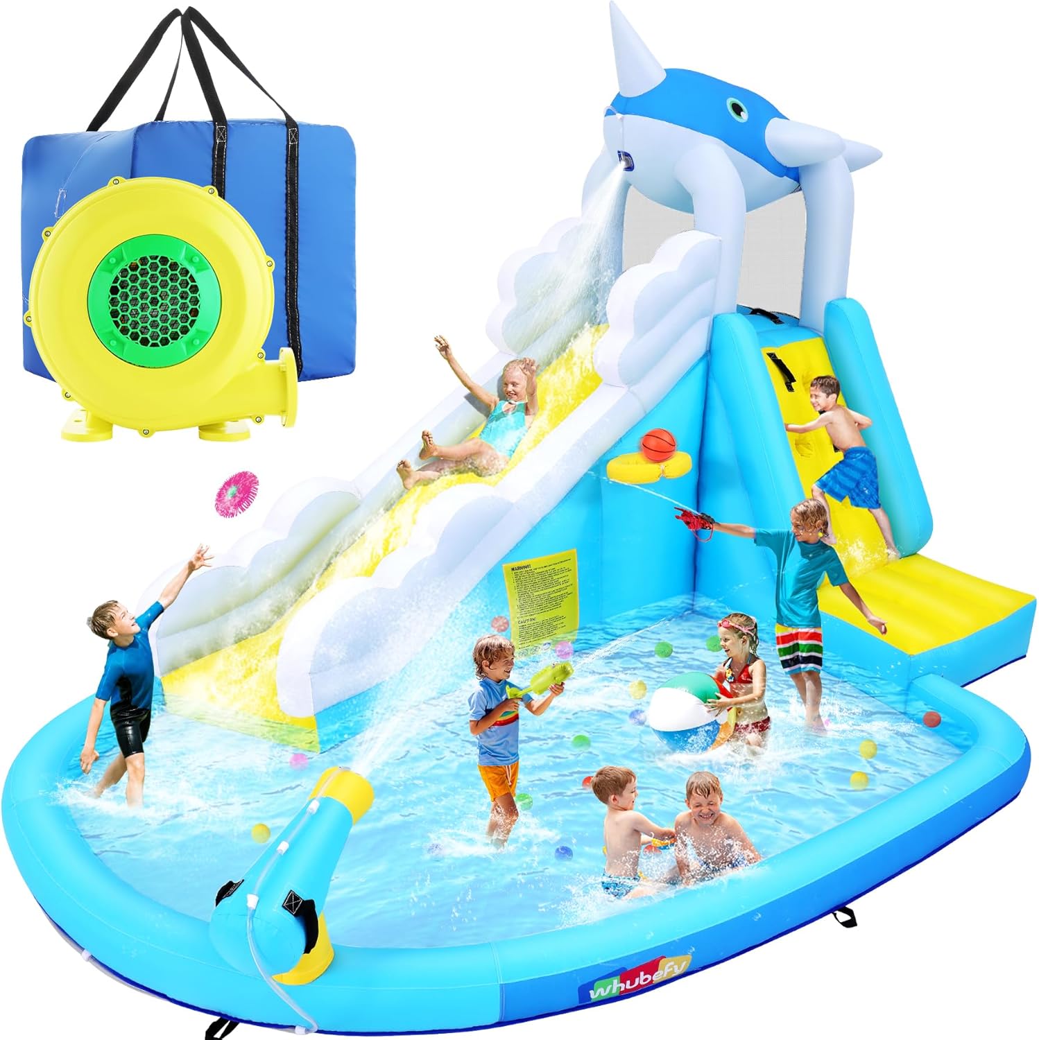 Whubefy Inflatable Water Slide for Kids Backyard Blow Up Water Park with Narwhal Waterfall Rush Slide & Large Splash Pool, Climbing Wall, Basketball Hoop for Summer Outdoor Fun Birthday Party Gift