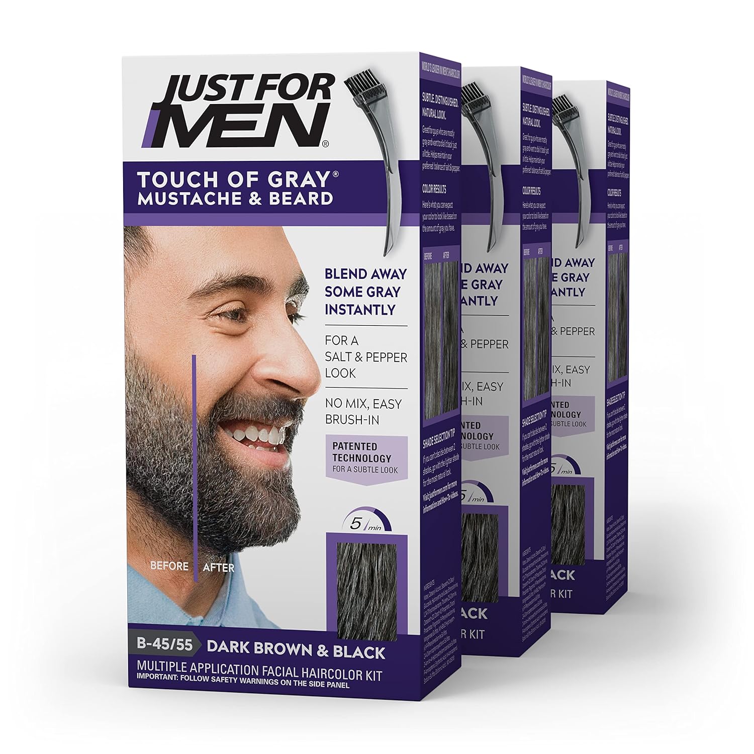 Just For Men Touch of Gray Mustache & Beard, Beard Coloring for Gray Hair with Brush Included for Easy Application, Great for a Salt and Pepper Look - Light & Medium Brown, B-45/55, Pack of 3