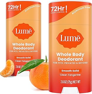 Lume Whole Body Deodorant - Smooth Solid Stick - 72 Hour Odor Control - Aluminum Free, Baking Soda Free and Skin Safe - 2.6 Ounce (Pack of 2) (Clean Tangerine)