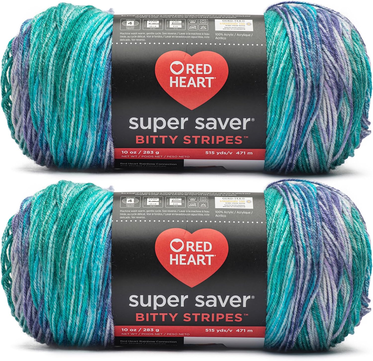 Red Heart Super Saver Bitty Stripes Crochet Yarn, Mermaid, 2-Pack