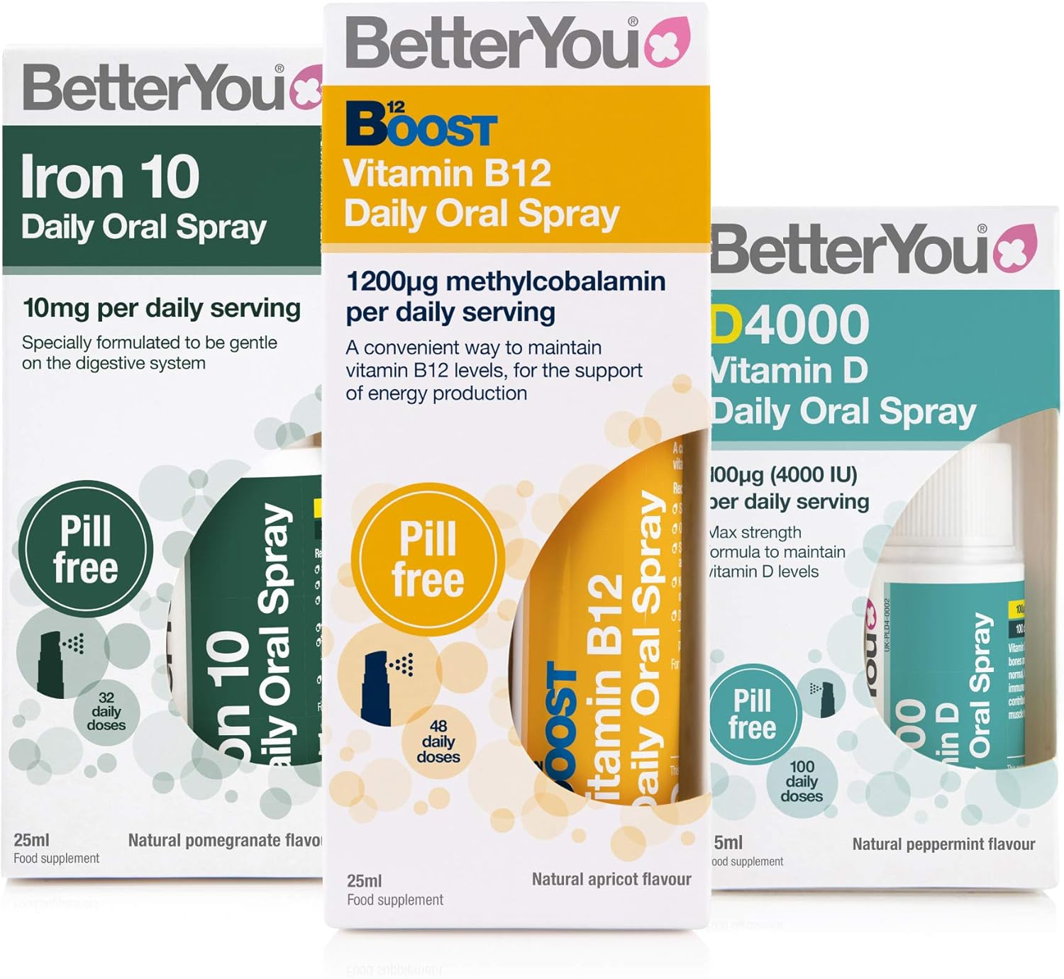 BetterYou Energy Boost Pack: Vitamin B12 + Vitamin DLux4000 + Iron 10 Oral Sprays (3 Pack)