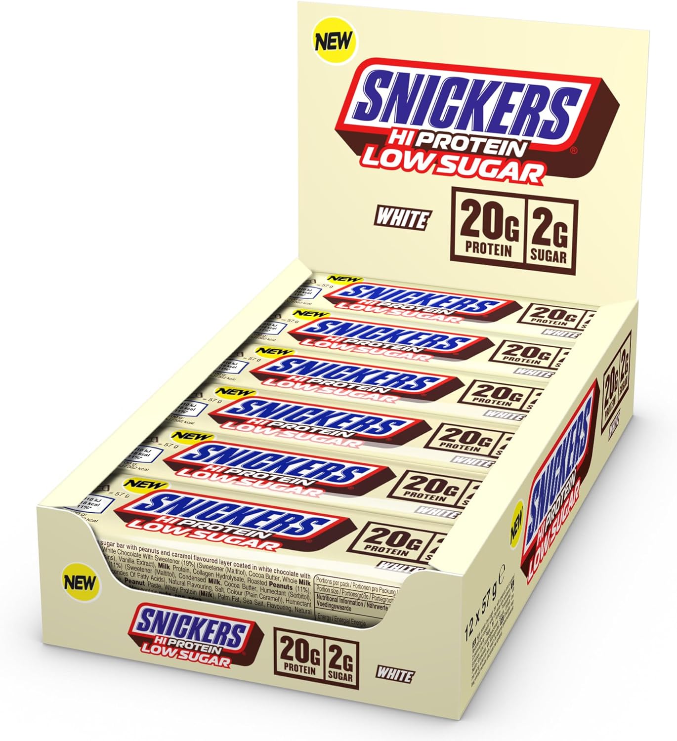 Snickers - White Chocolate Low Sugar Protein Bars | 12 x 57g Pack, Only 2g of Sugar per Bar, Hi Protein Energy Snack, 20g Protein