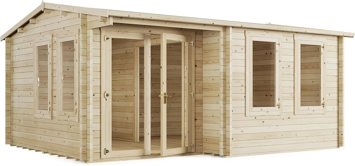 BillyOh Kent 5m x 4m Log Cabin Garden Office Studio Summer House Shed, Stylish Apex Design, Tongue and Groove – Durable Garden Room Space with Double Doors, Easy Assembled Summer House
