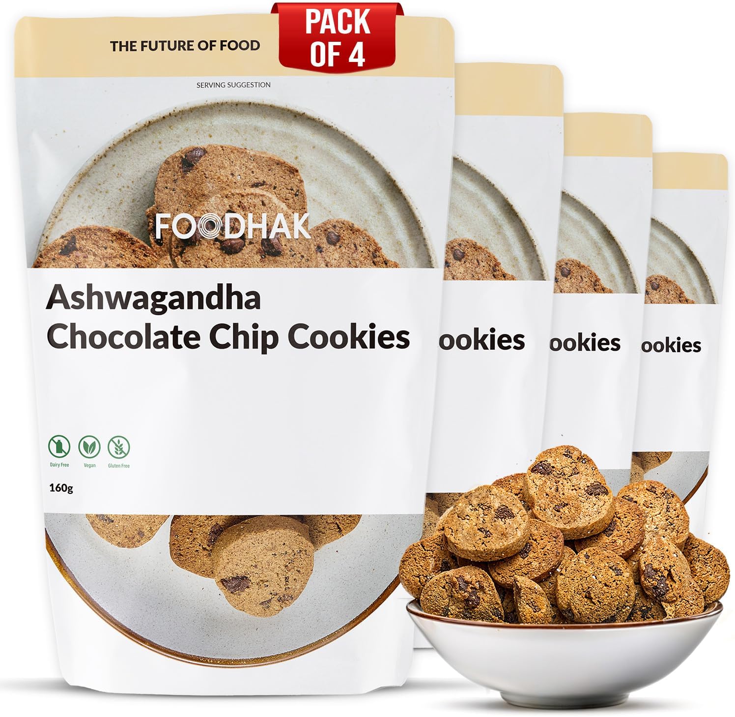 FOODHAK Ashwagandha Chocolate Chip Cookies Pack of 4 (4 x 160g) - Vegan with Millet Flour Chia Seeds Dark Chocolate Sweetened with Maple Syrup & Palm Sugar Perfect for Low GI Diets & Healthy Snacks.