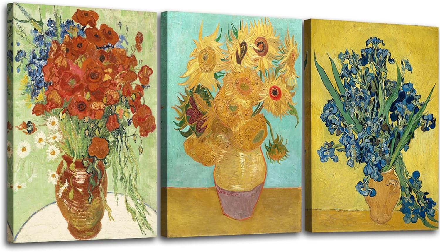 3 Piece Sunflowers- Irises Flower Vase Vincent Van Gogh Paintings, Classic Canvas Prints Wall Art for Home Decor 16"x24"