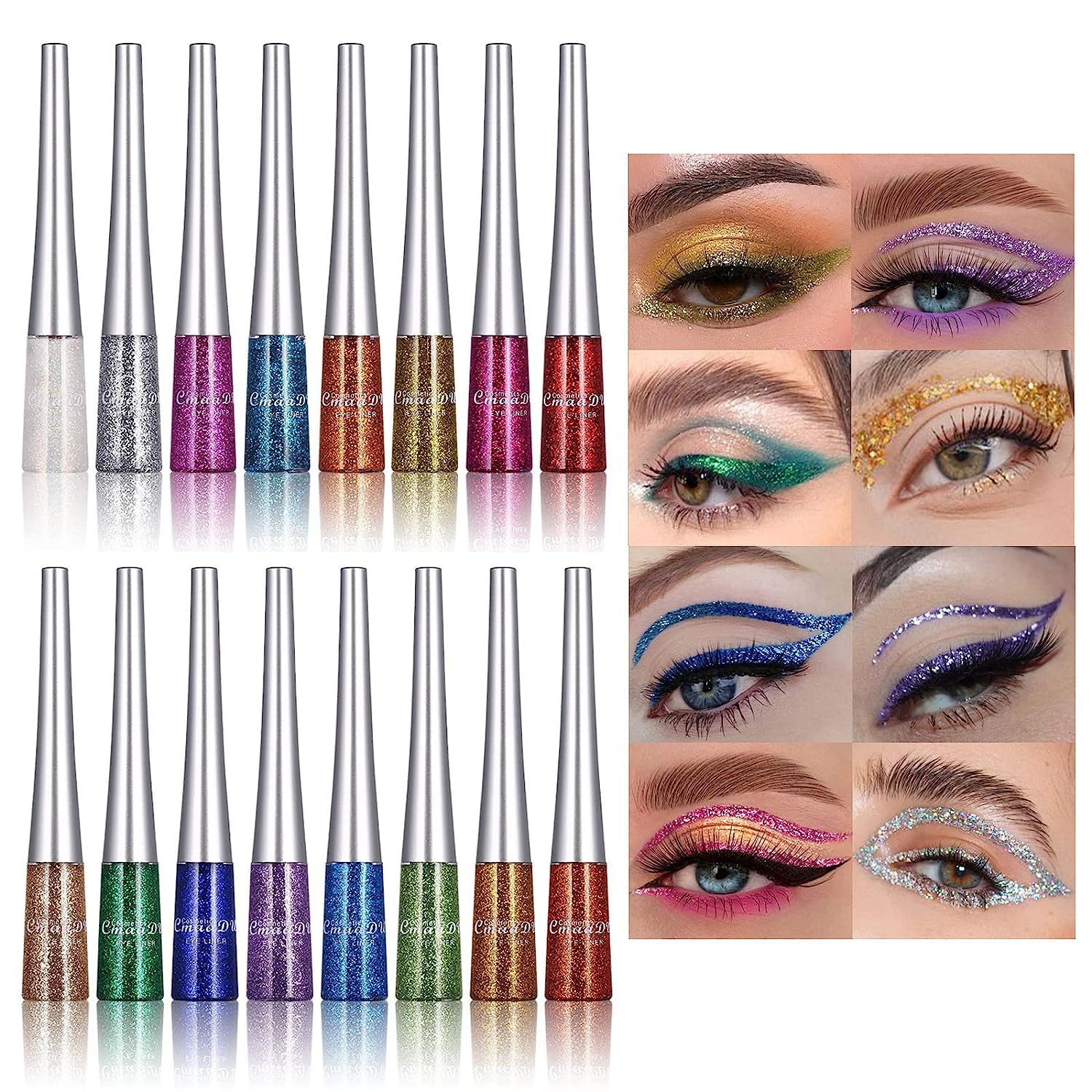 16 Colors Glitter Metallic Liquid Eyeliner Set Waterproof Long Lasting Eye Liner pencil Pigmented Shimmer Eye Makeup Gift Kit for Women Green Purple Blue Pink white Silver Gold Colored Eyeliners